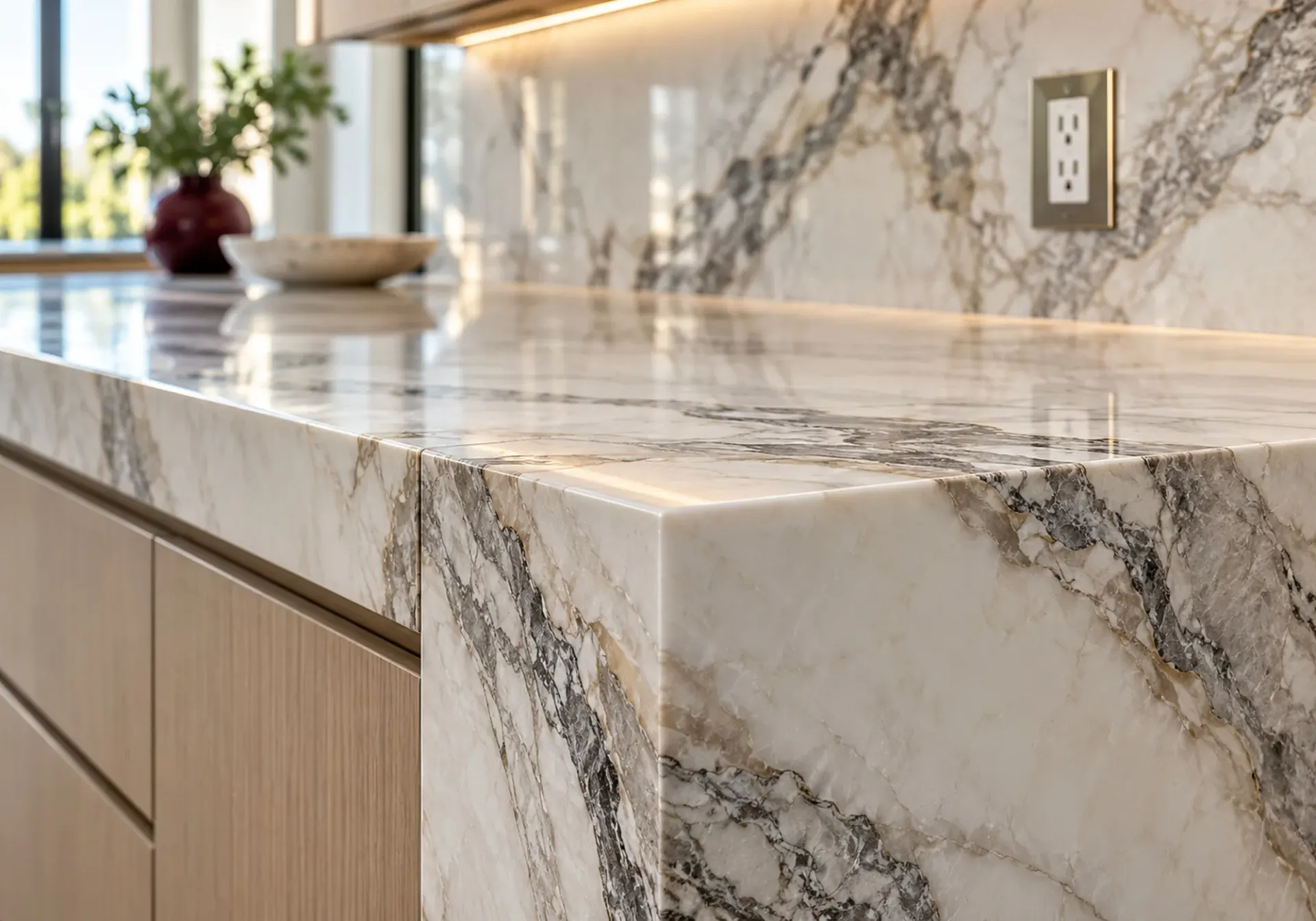 Custom stonework in Los Angeles, CA: mitered waterfall corner of a veined marble island with a matching slab backsplash and an outlet cutout