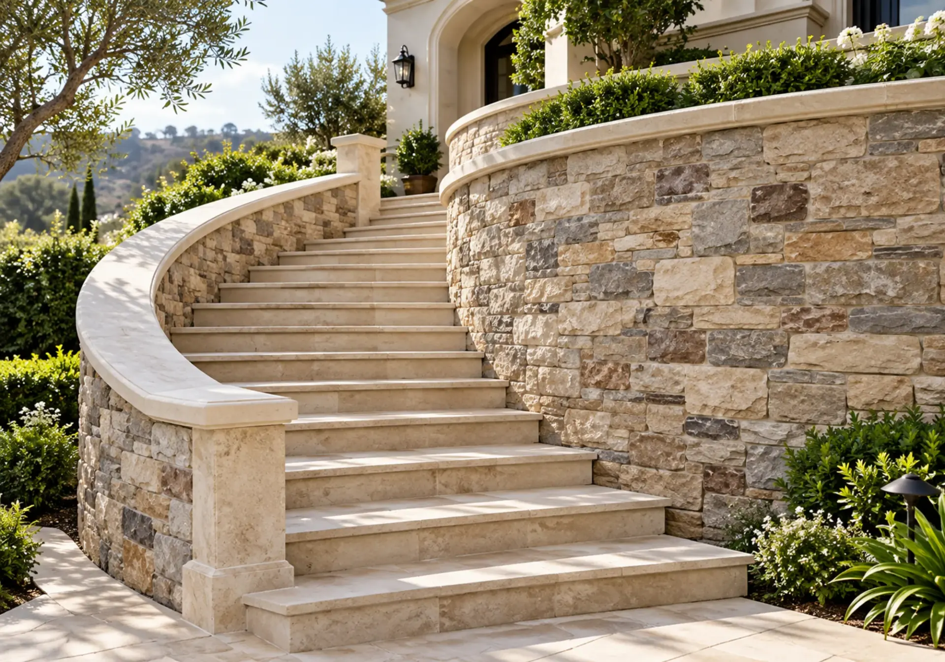 Custom stonework in Los Angeles, CA: curved natural stone staircase with limestone steps, cap rail and stacked stone retaining wall