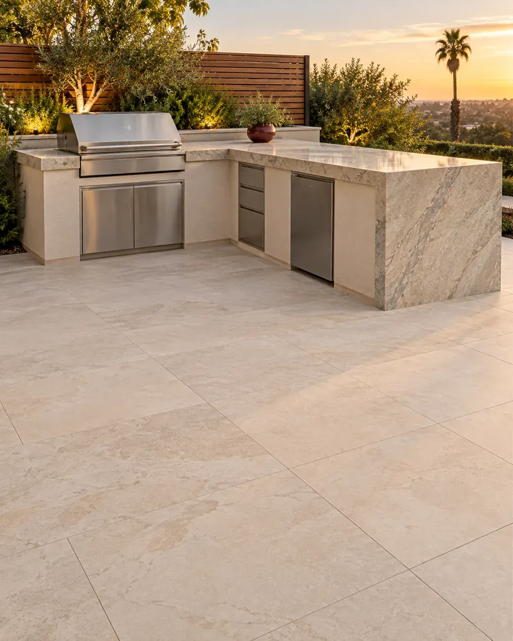 Custom stonework in Los Angeles, CA: outdoor kitchen with stone grill island and bar top