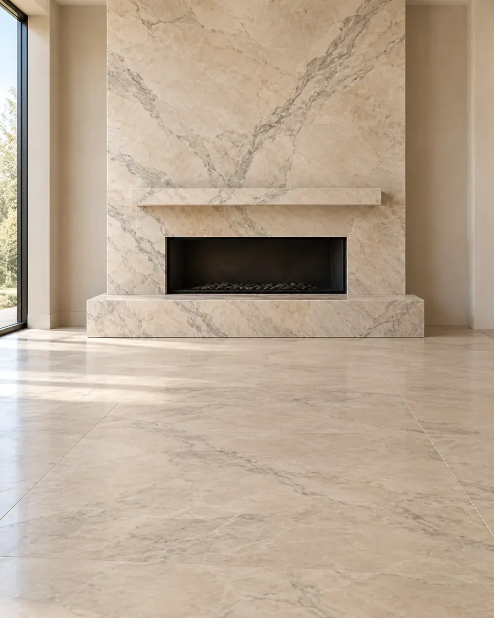 Custom stonework in Los Angeles, CA: stone fireplace surround with a floating mantel