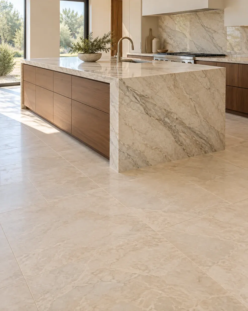 Custom stonework in Los Angeles, CA: mitered stone waterfall island with matching veining