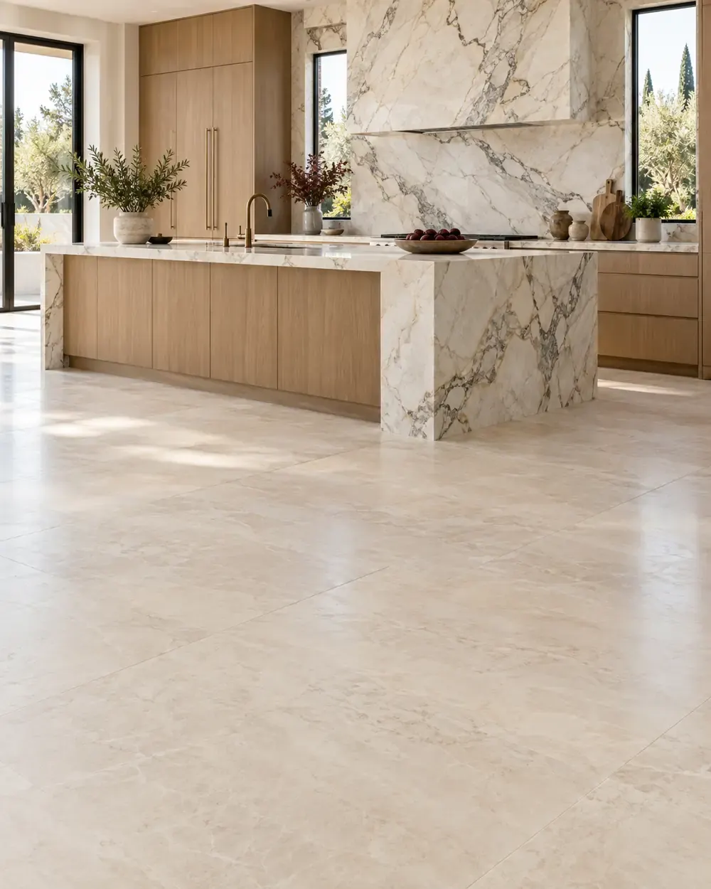 Custom stonework in Los Angeles, CA: waterfall marble island and full-height stone backsplash in an open kitchen