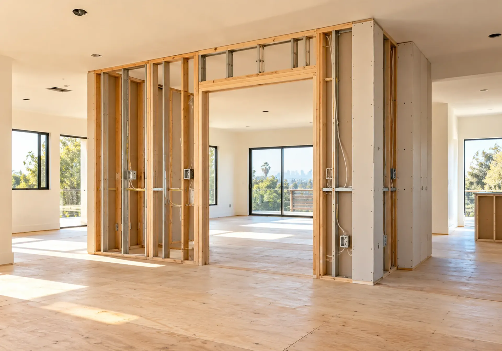 Interior remodel in Los Angeles, CA: open living area with new wall framing, metal and wood studs, wiring boxes and drywall, with a hillside view through sliding glass doors