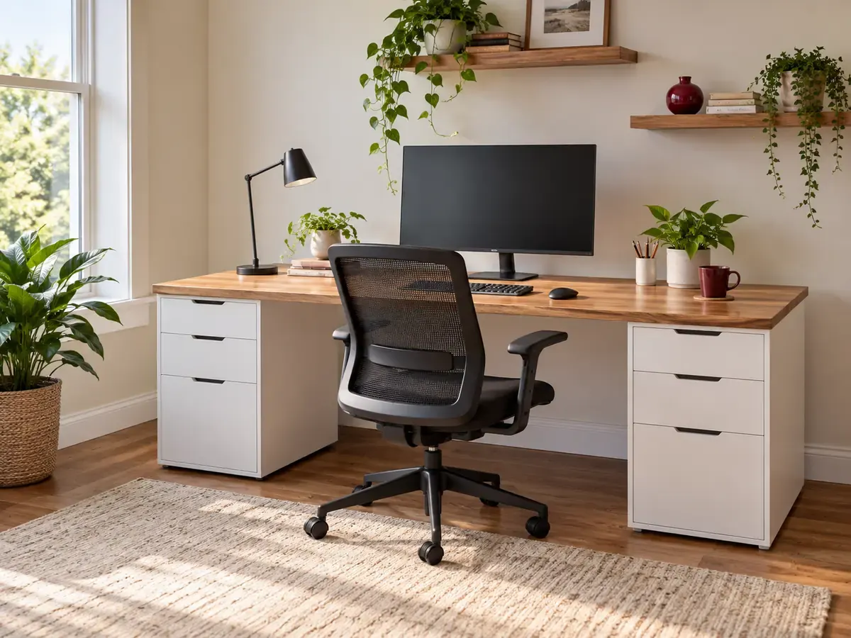 Home office remodeling in Los Angeles: bright home office with a desk and filing drawers