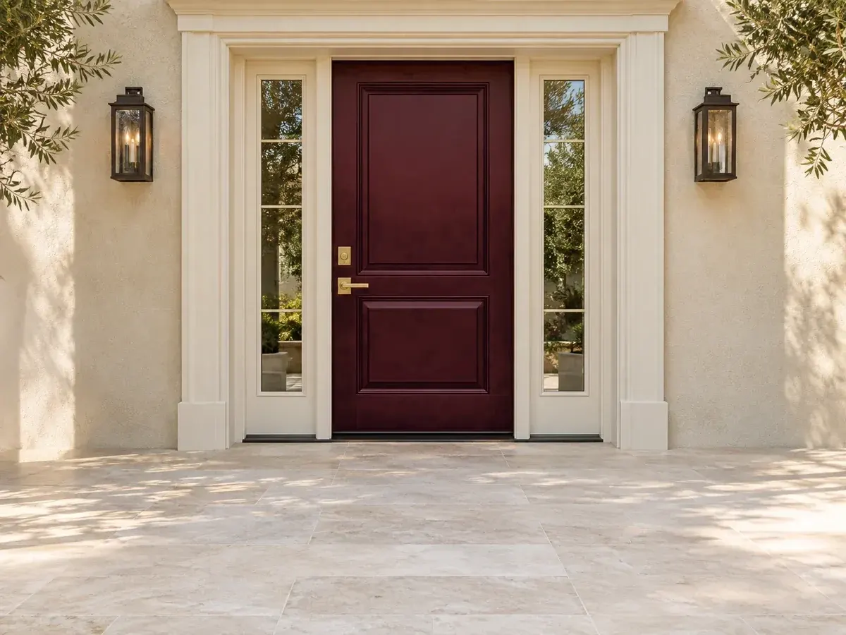 Door installation in Los Angeles, CA: burgundy entry door with sidelights