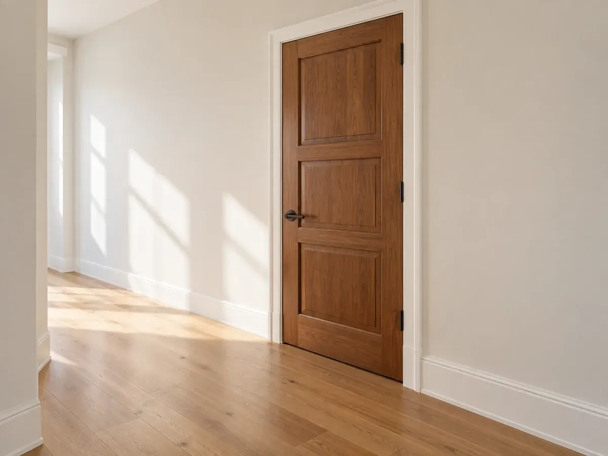 Door replacement in Los Angeles, CA: new wood panel door in a bright hallway