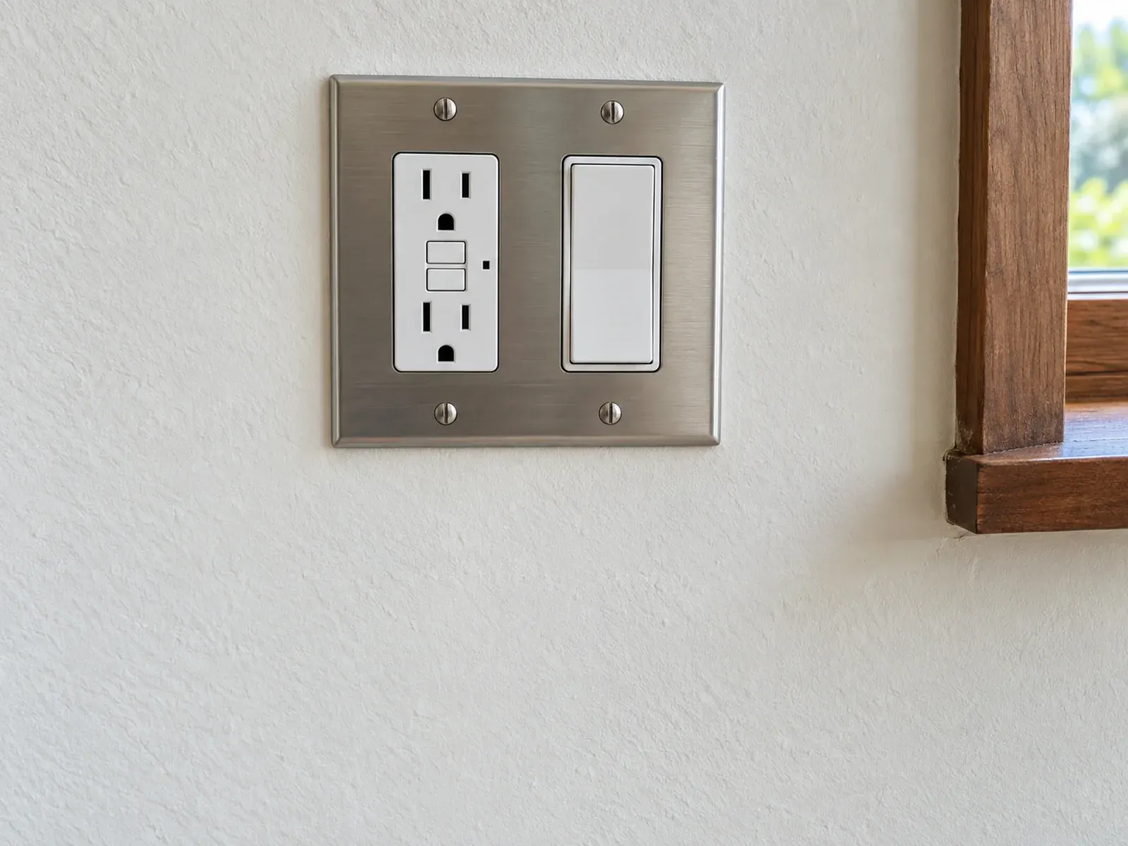 Electrical repair in Los Angeles, CA: GFCI outlet and light switch on a stainless steel wall plate