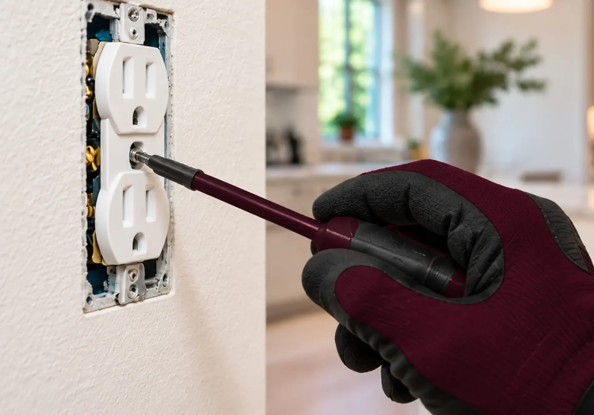 Electrical repairs in Los Angeles, CA: electrician in insulated gloves repairing a wall outlet with an insulated screwdriver