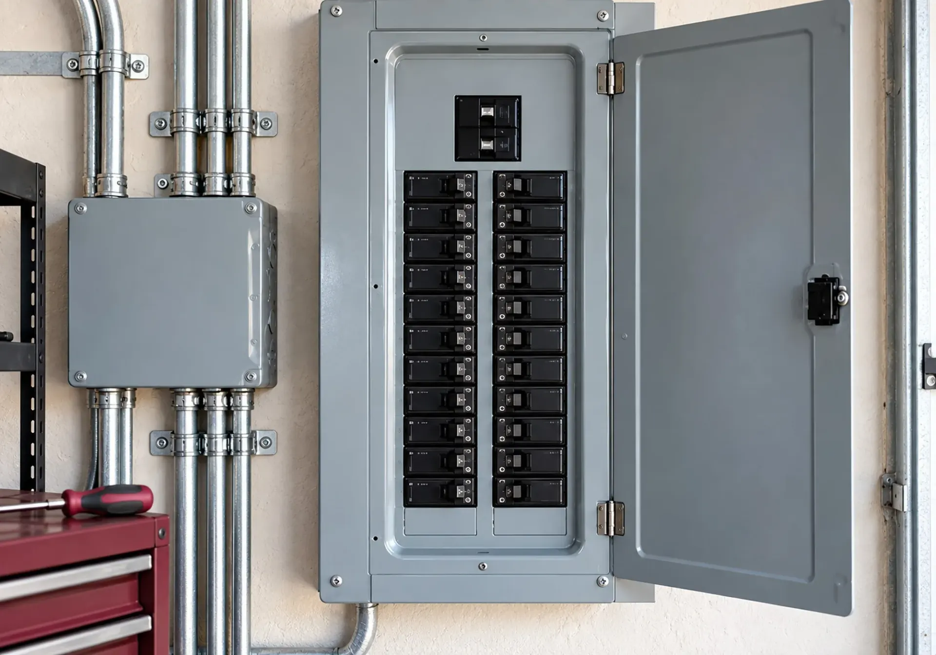 Electrical services in Los Angeles, CA: residential electrical panel with circuit breakers, junction box and metal conduit