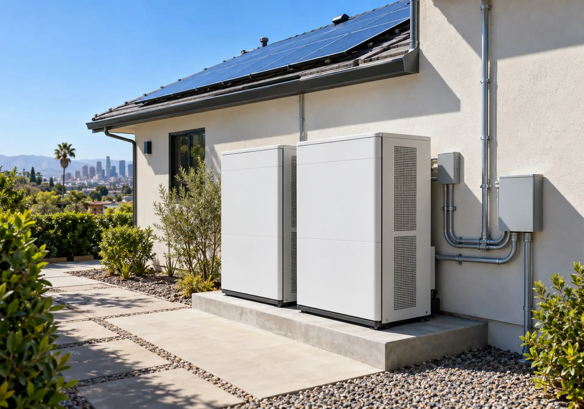 Energy storage system in Los Angeles, CA: two white battery cabinets on a concrete pad beside a stucco home with rooftop solar