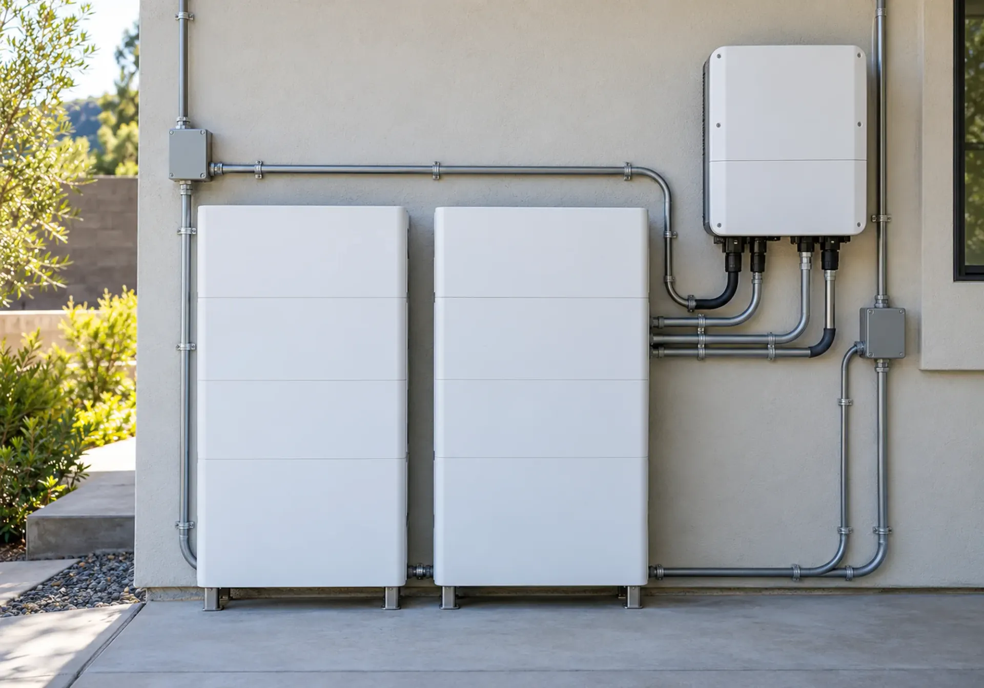 Battery cabinets and a wall-mounted inverter with organized conduit on a Los Angeles home