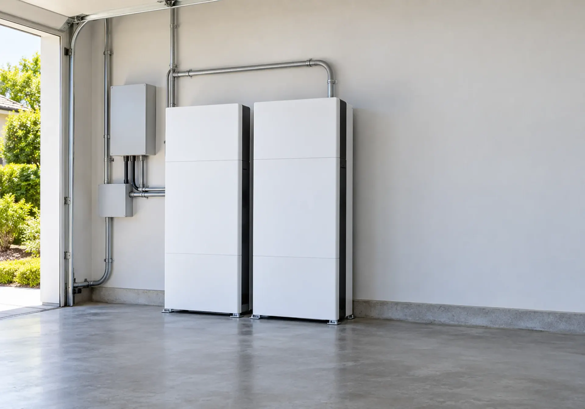 Battery storage cabinets in a garage in Los Angeles, CA with generous working clearance