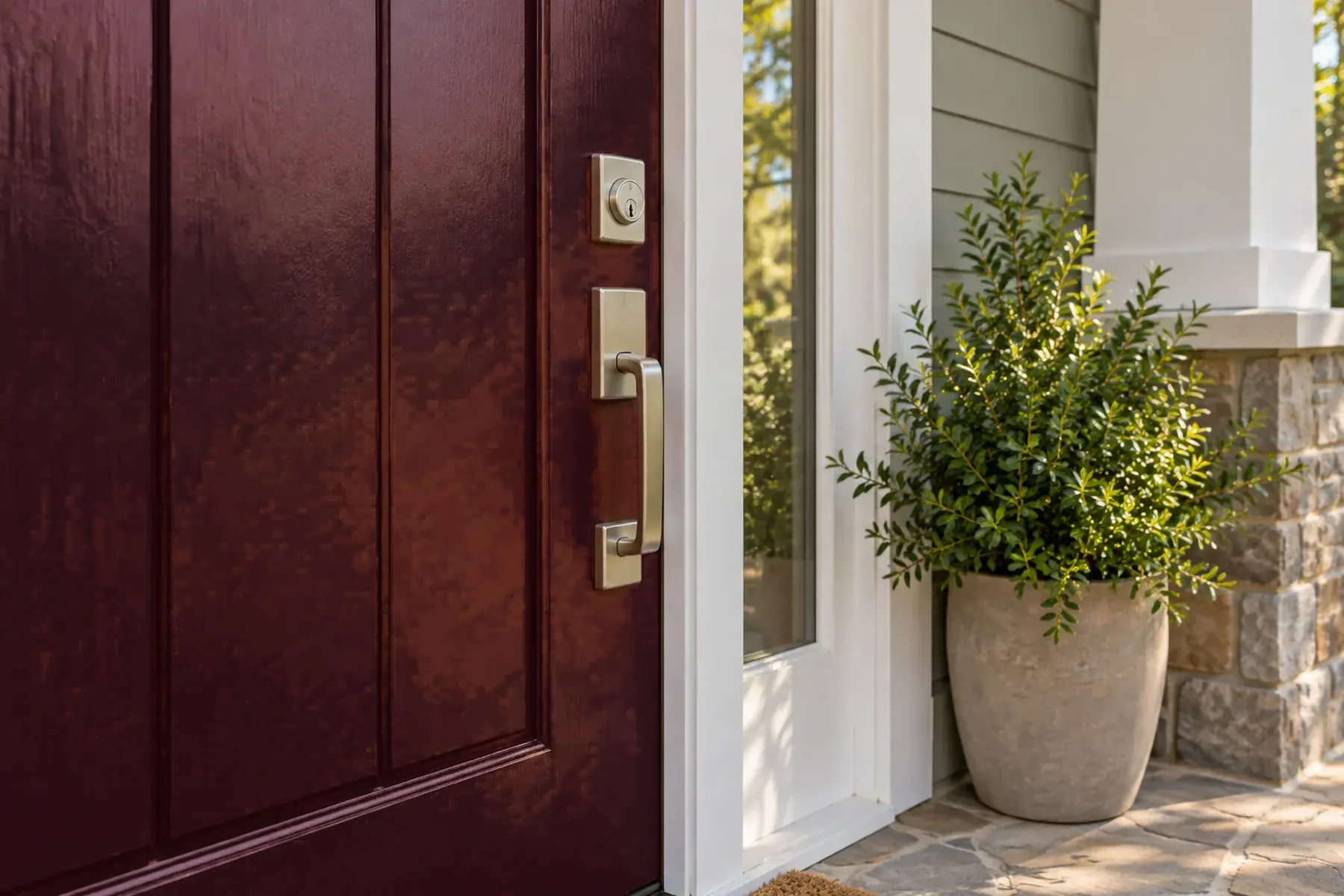 Close-up of a burgundy entry door with a brushed nickel handle set and sidelight glass in Altadena