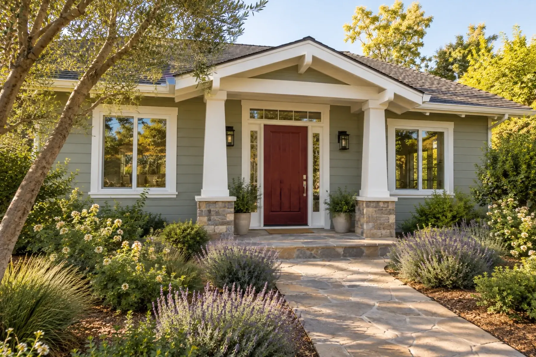 Entry door and window upgrade in Altadena, CA with a burgundy front door, sidelights, new white-frame windows and a Craftsman porch