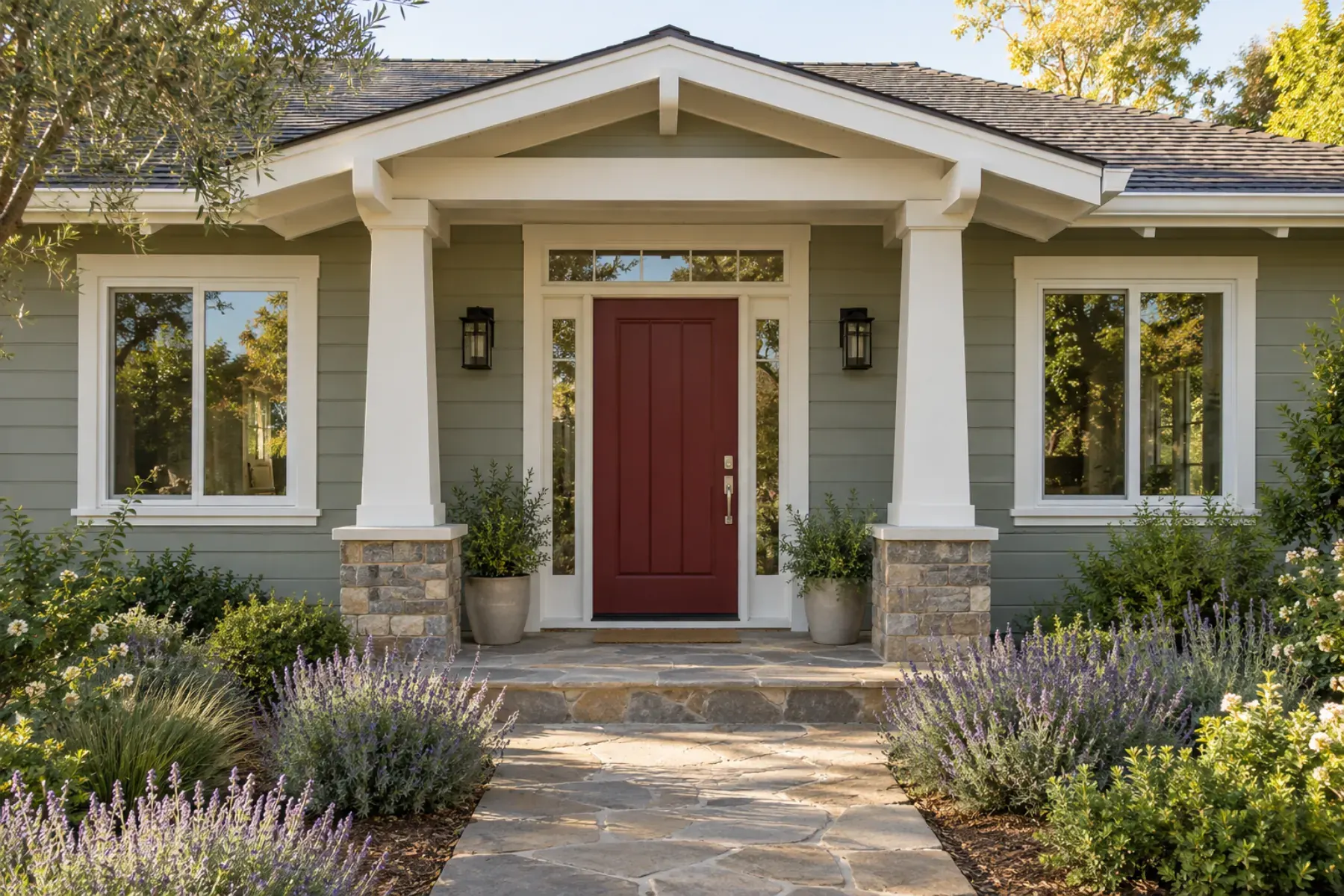 Front facade of an Altadena home with a new burgundy entry door, matching windows, lanterns and a flagstone path