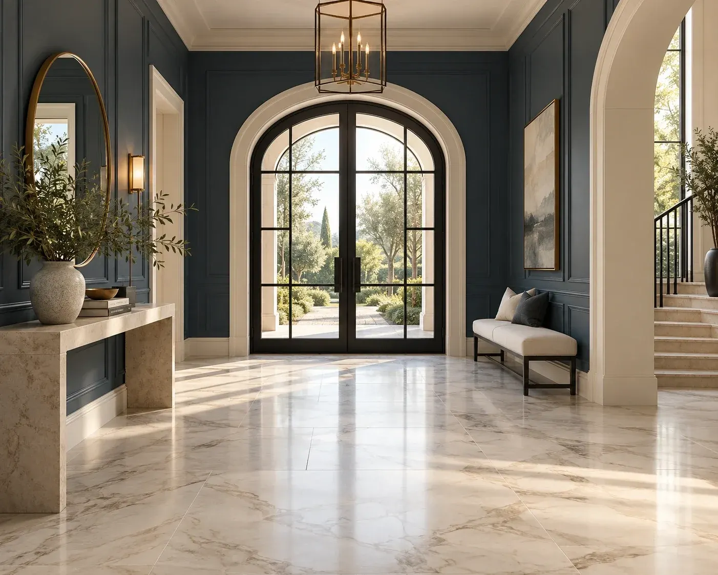 Entryway with an arched steel and glass front door, ink-blue paneled walls and a large-format marble floor