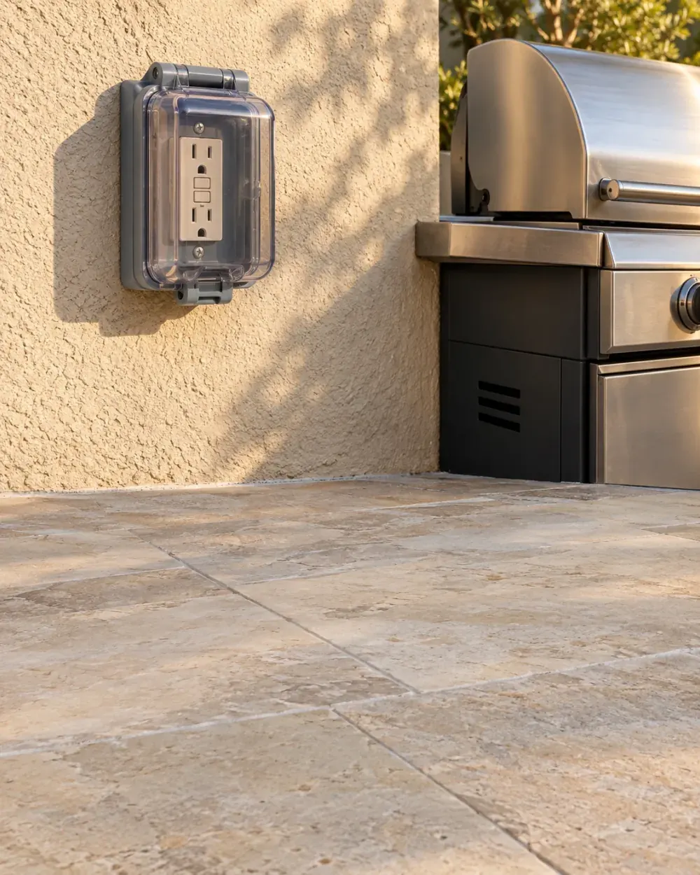 Exterior outlet installation in Los Angeles, CA: weatherproof outlet cover on a patio wall near a grill