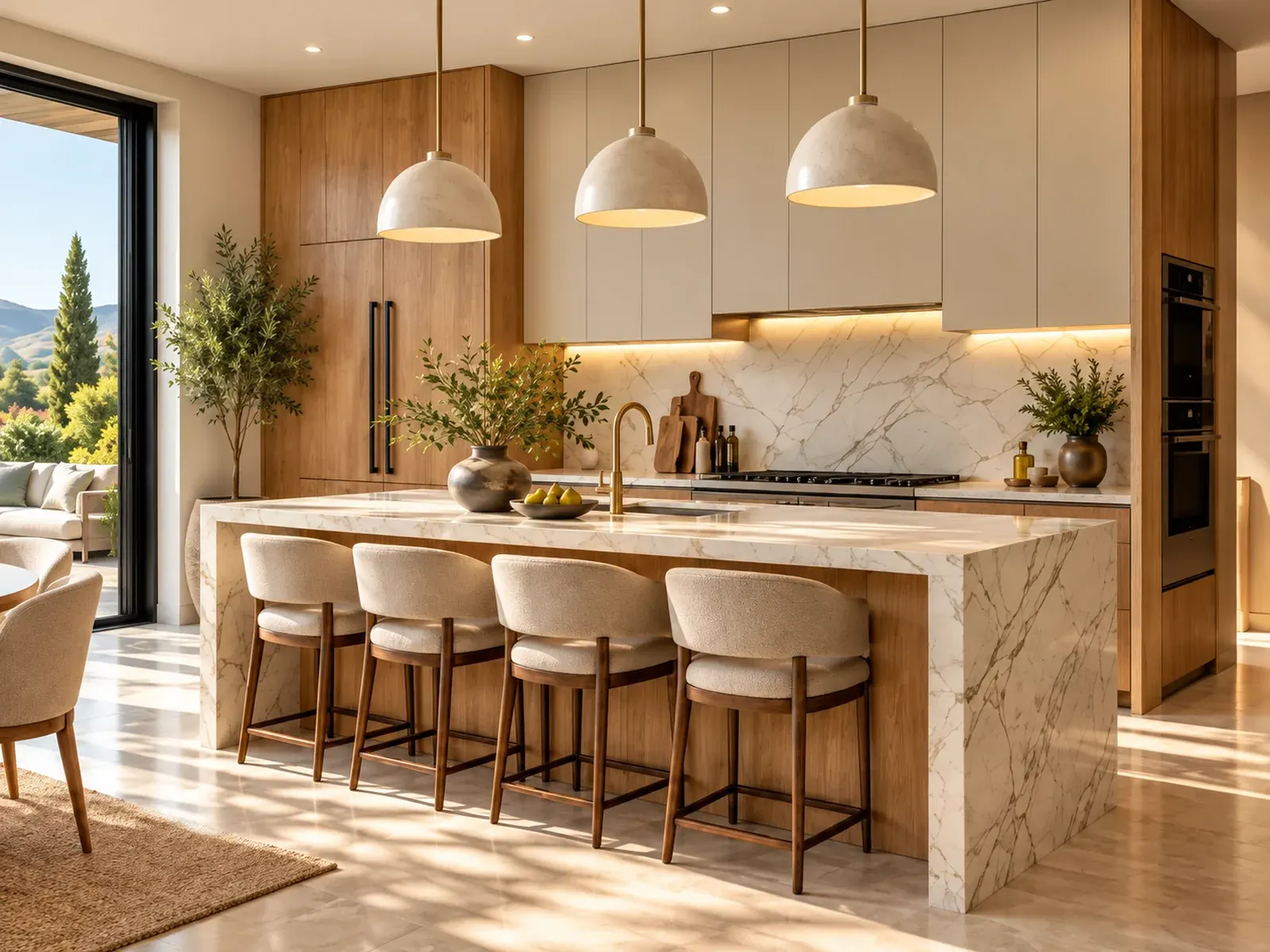Modern kitchen remodel in Los Angeles with marble waterfall island, pendant lights and custom oak cabinetry