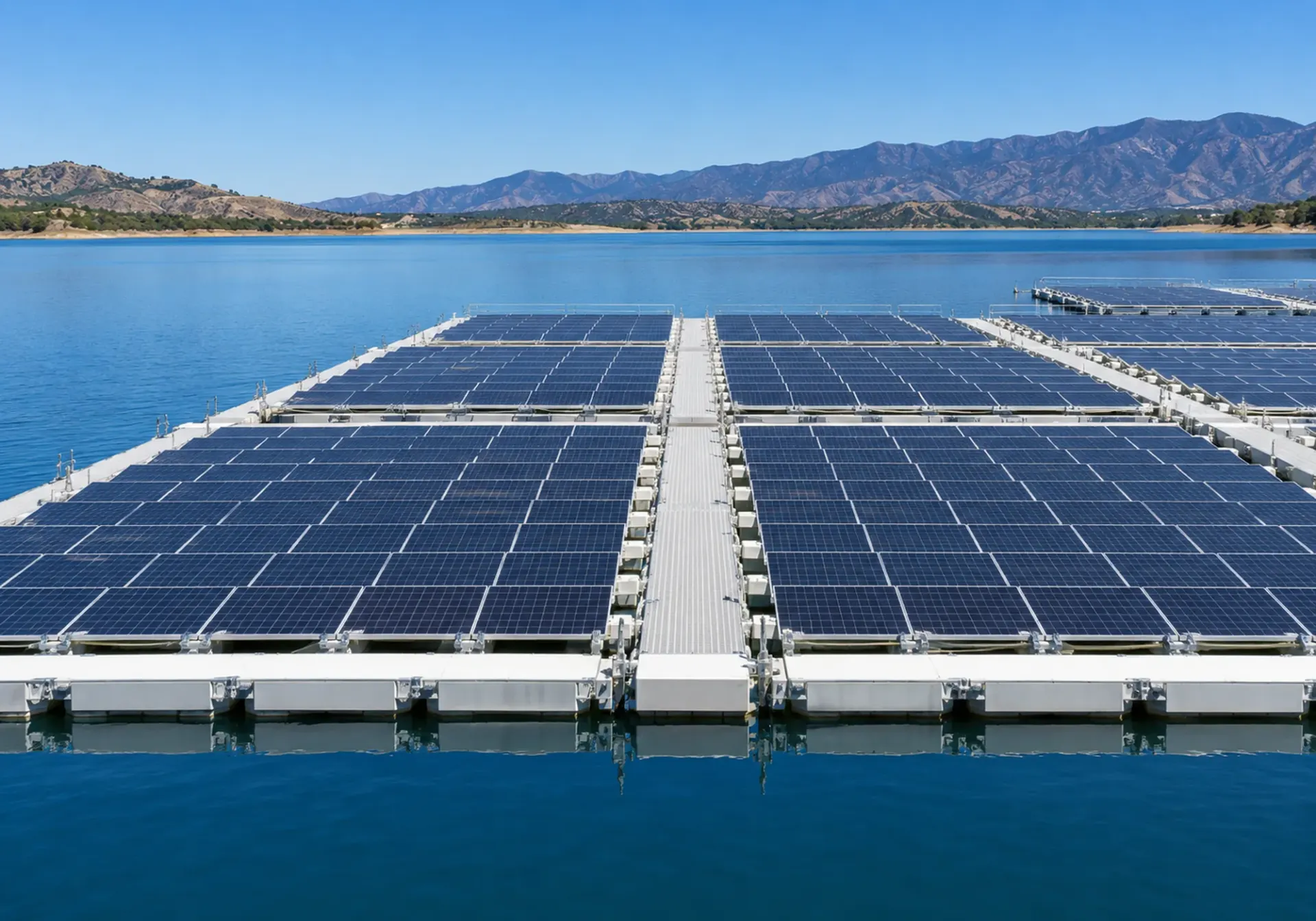Floating solar platforms with narrow service walkways on calm water