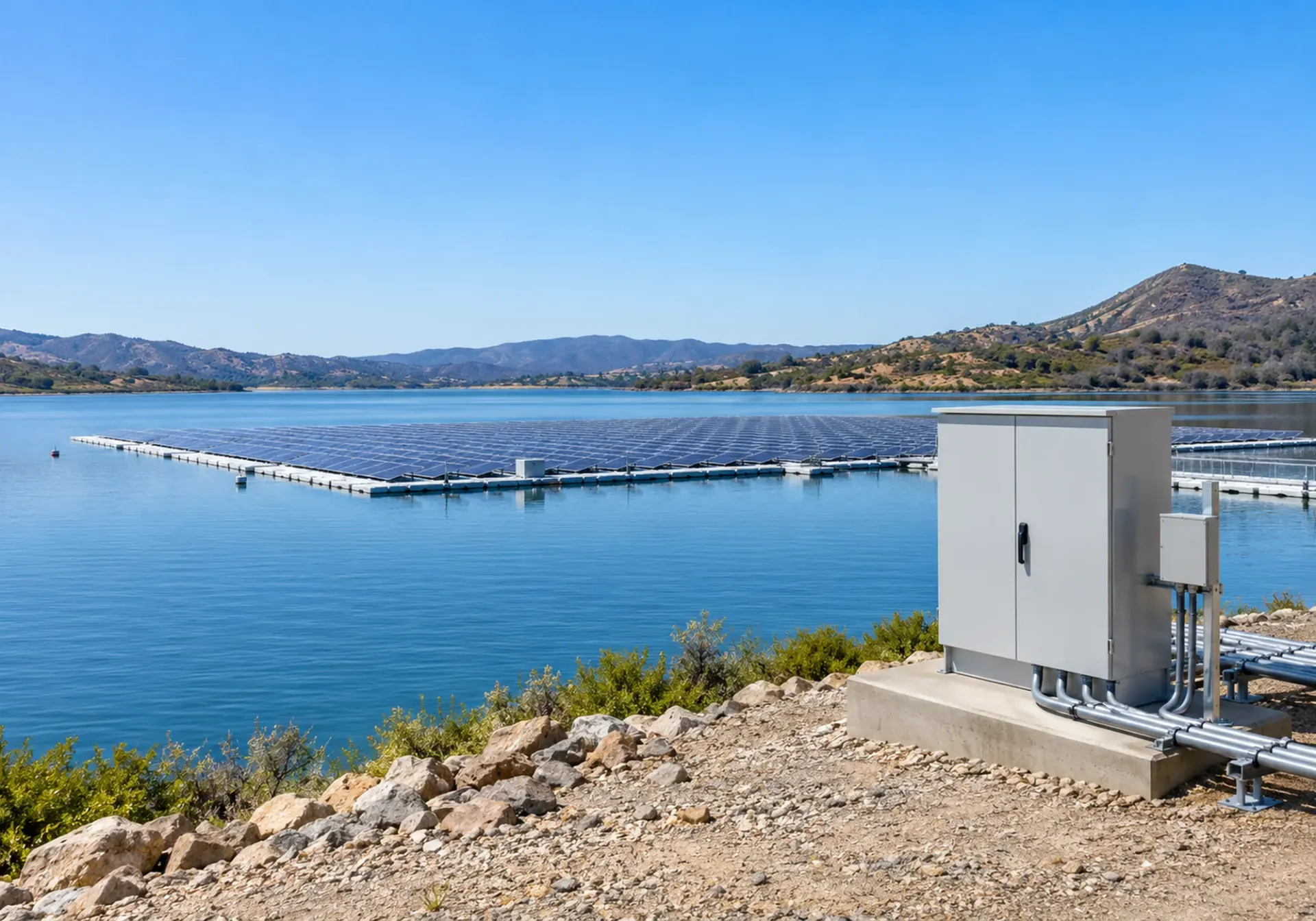 Shoreline view of a floating solar array with electrical equipment near the shore