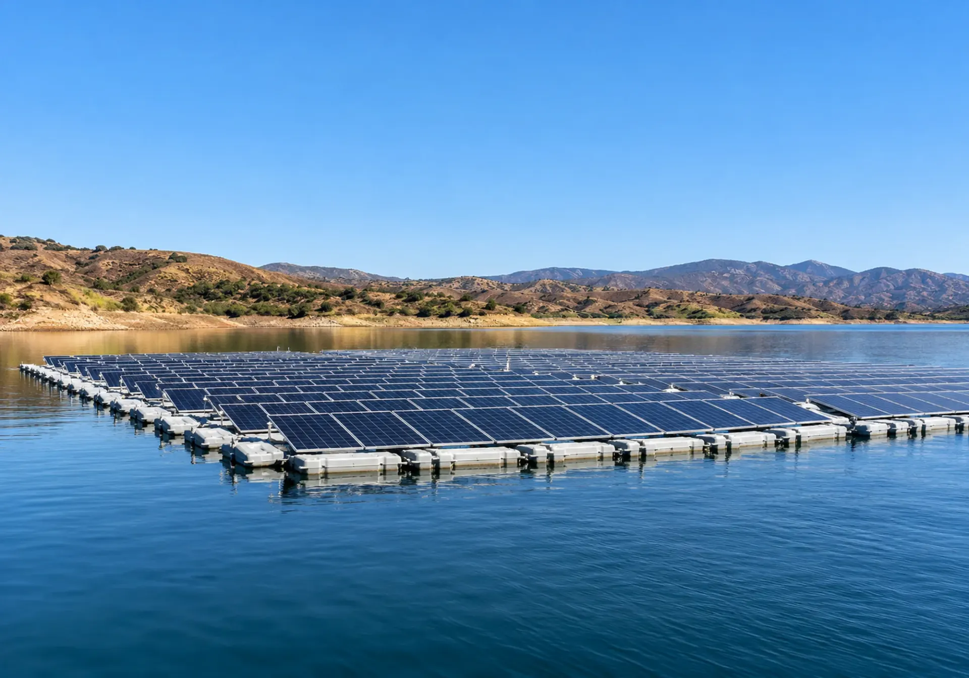 Floating solar system: dark-blue solar panels on white floating platforms on a calm reservoir with low hills