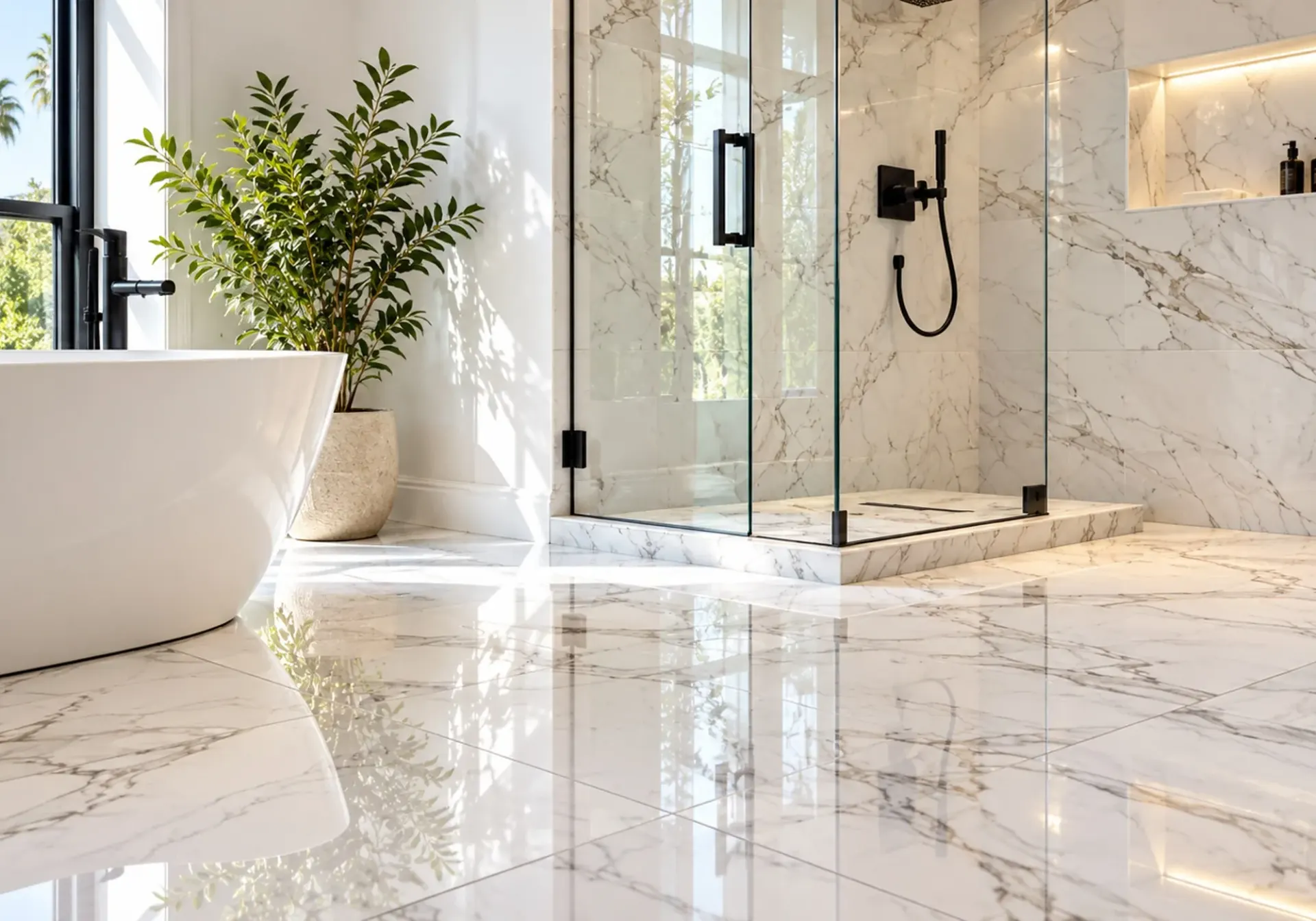 Flooring and tile in Los Angeles, CA: polished marble-look tile floor in a bathroom with a glass shower and freestanding tub