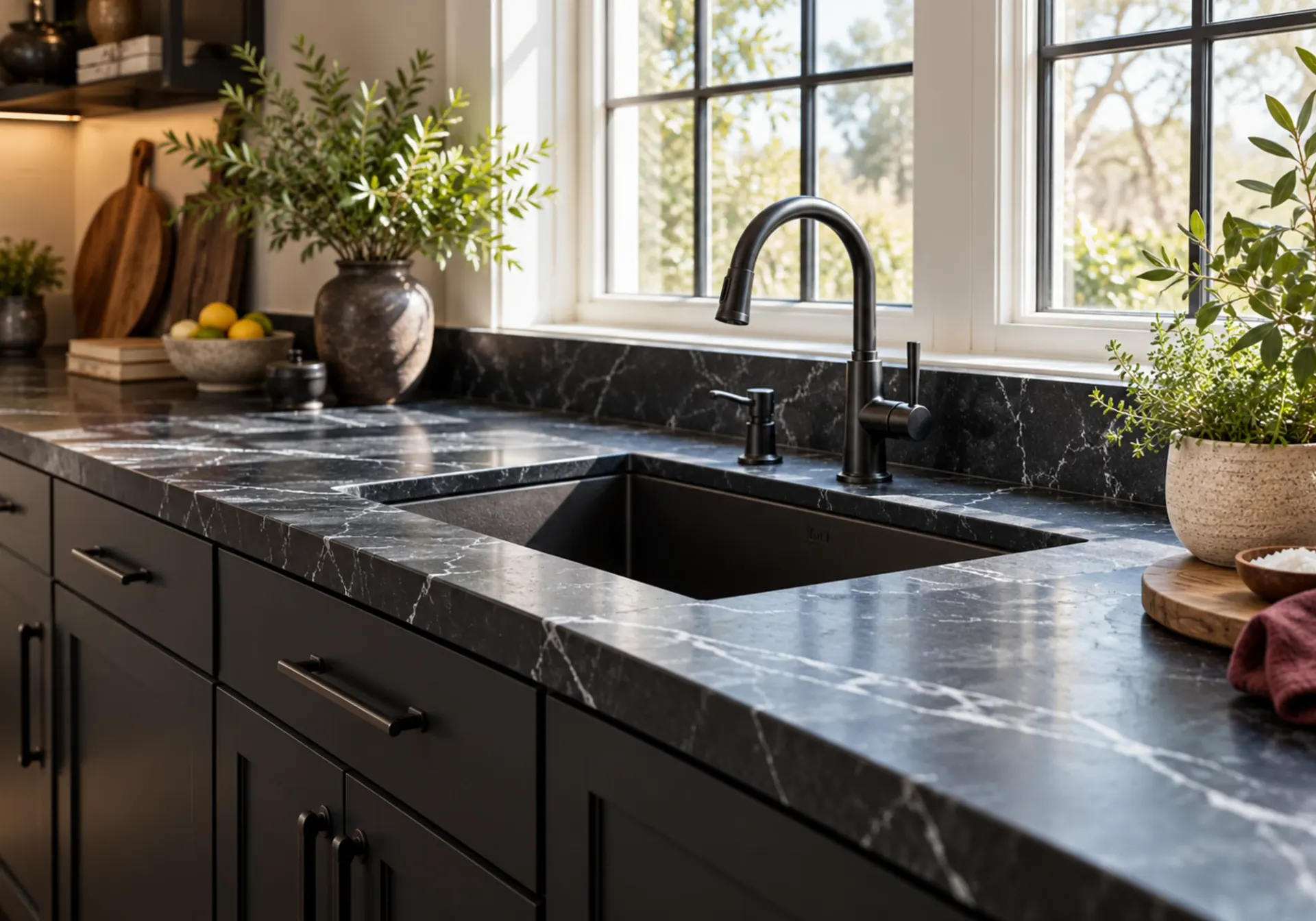 Granite countertops in Los Angeles, CA: black veined granite countertop and backsplash with undermount sink in a kitchen with dark cabinetry