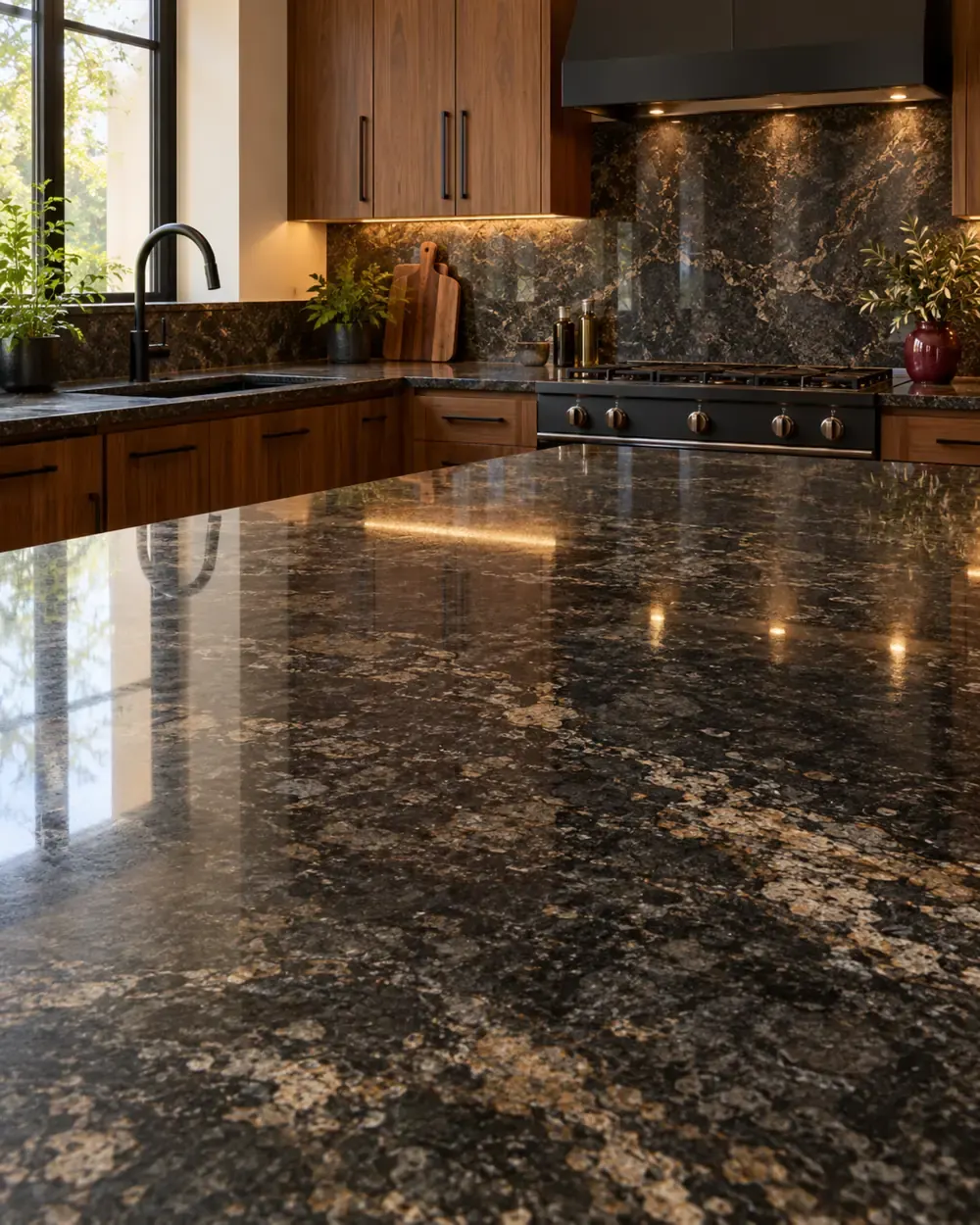 Granite countertops in Los Angeles, CA: dark polished granite island with a natural pattern and walnut cabinets