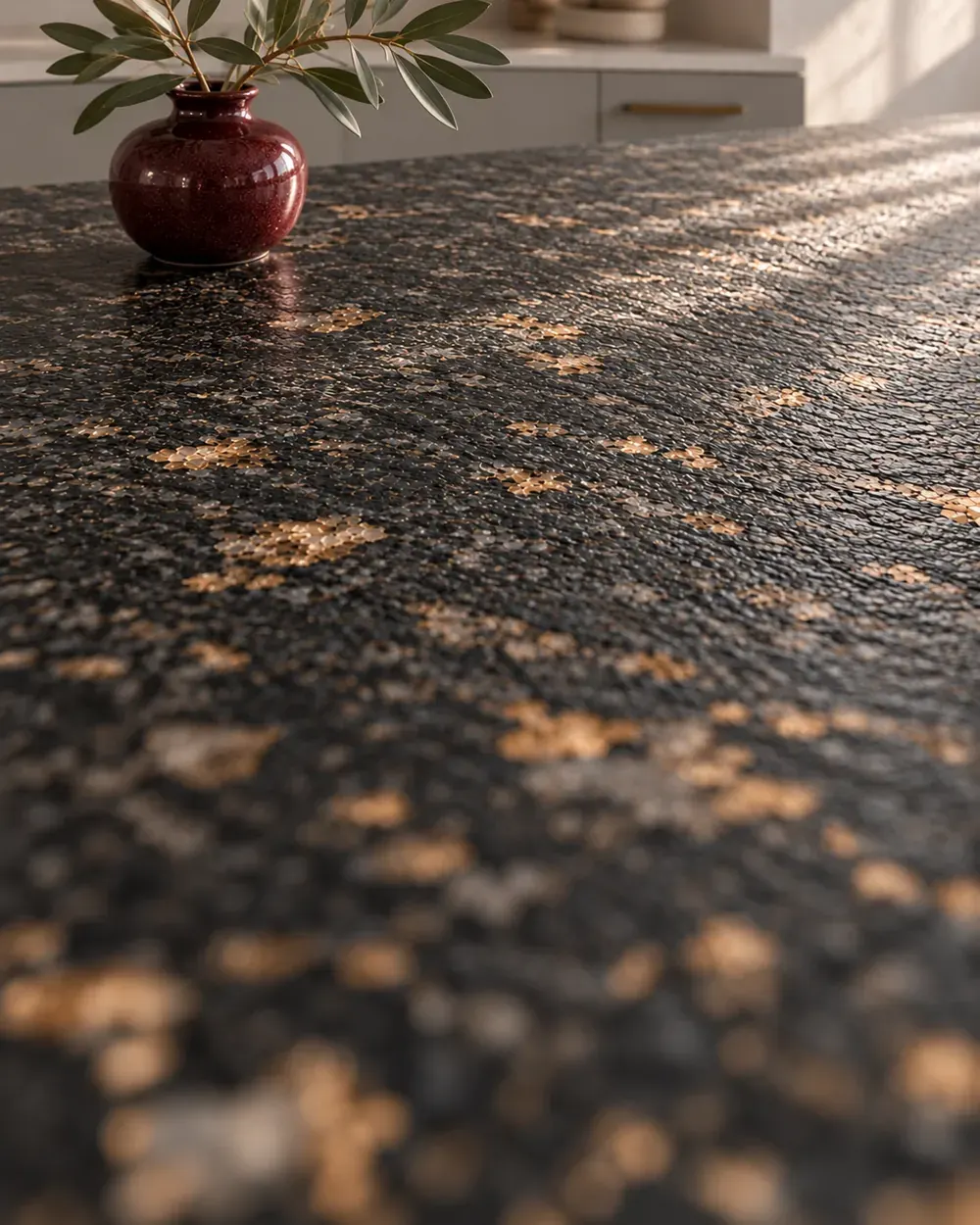 Leathered granite countertop in Los Angeles, CA: textured low-sheen granite surface