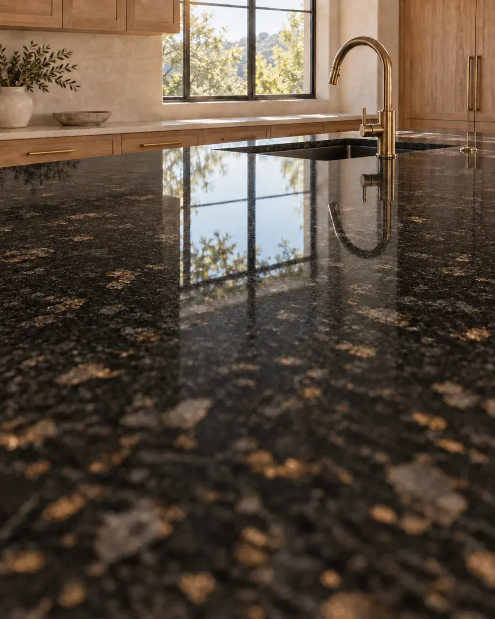 Polished granite countertop in Los Angeles, CA: dark glossy granite island with window reflections