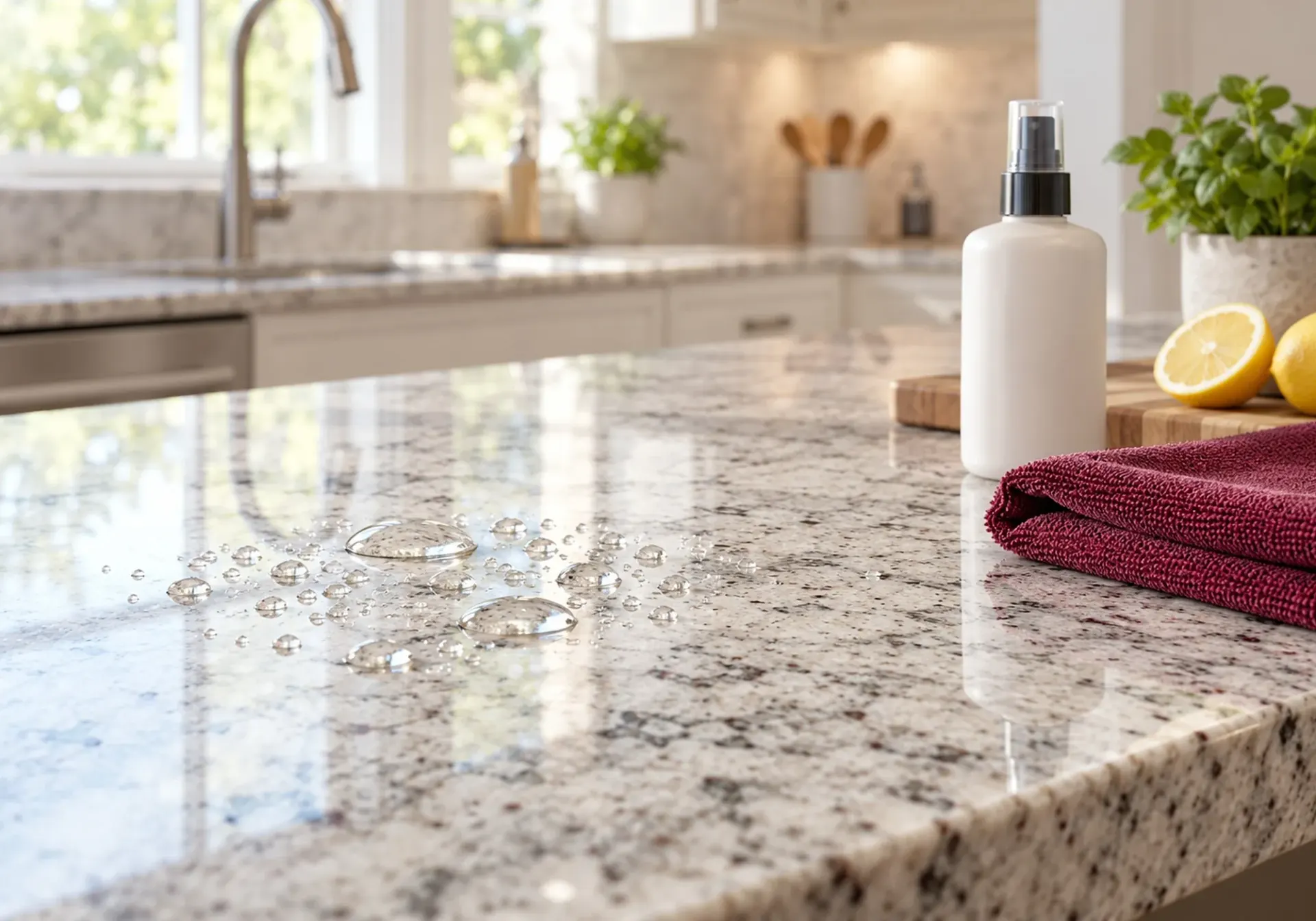 Granite countertops in Los Angeles, CA: polished speckled granite with water beading on a sealed surface, a spray cleaner, lemons and a burgundy microfiber cloth