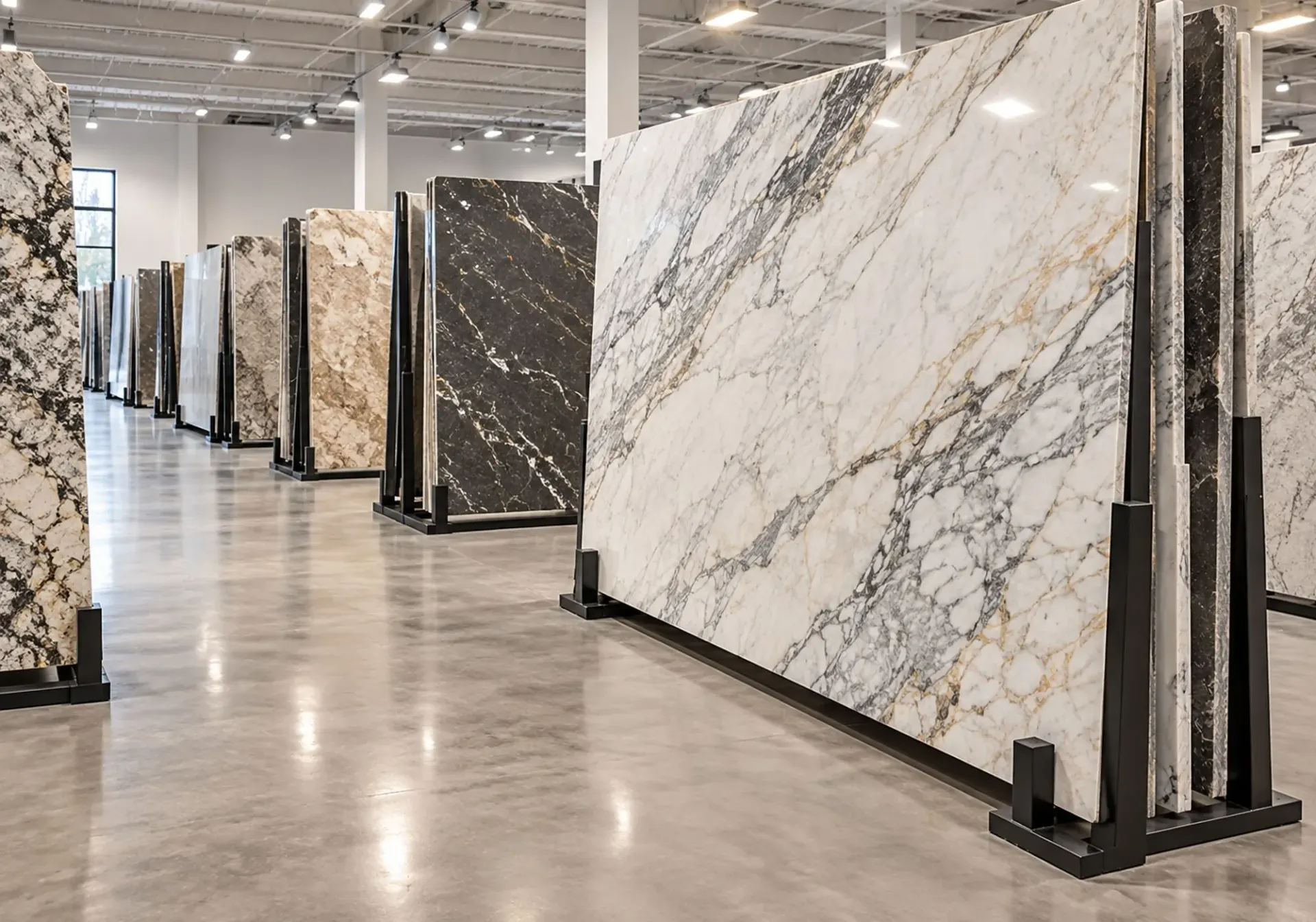 Granite countertops in Los Angeles, CA: full stone slabs in marble and granite displayed on racks in a bright slab showroom