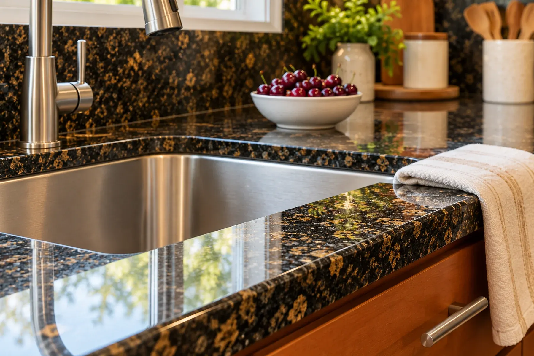 Close-up of a polished granite countertop with an eased edge and a stainless undermount sink in an Anaheim kitchen