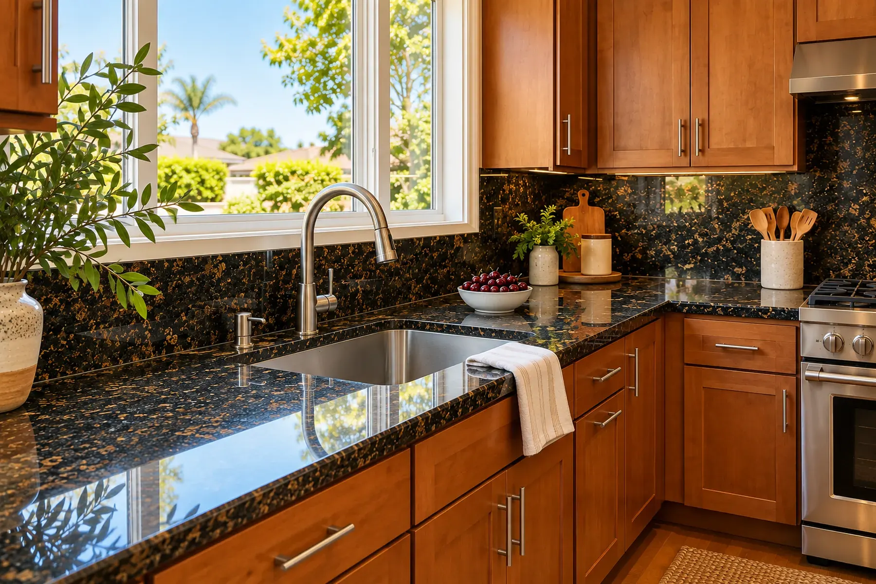 Polished dark granite countertop with a stainless steel undermount sink under a kitchen window in an Anaheim kitchen remodel