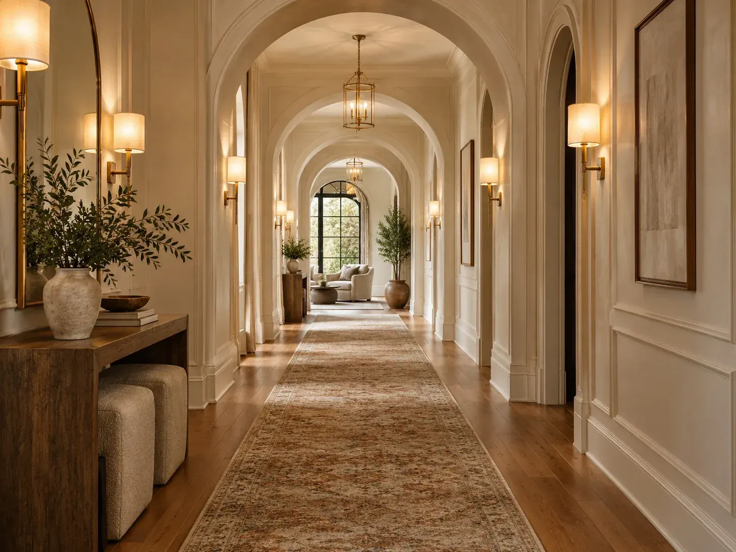 Hallway with arched openings, brass wall sconces and a woven runner on a wood floor