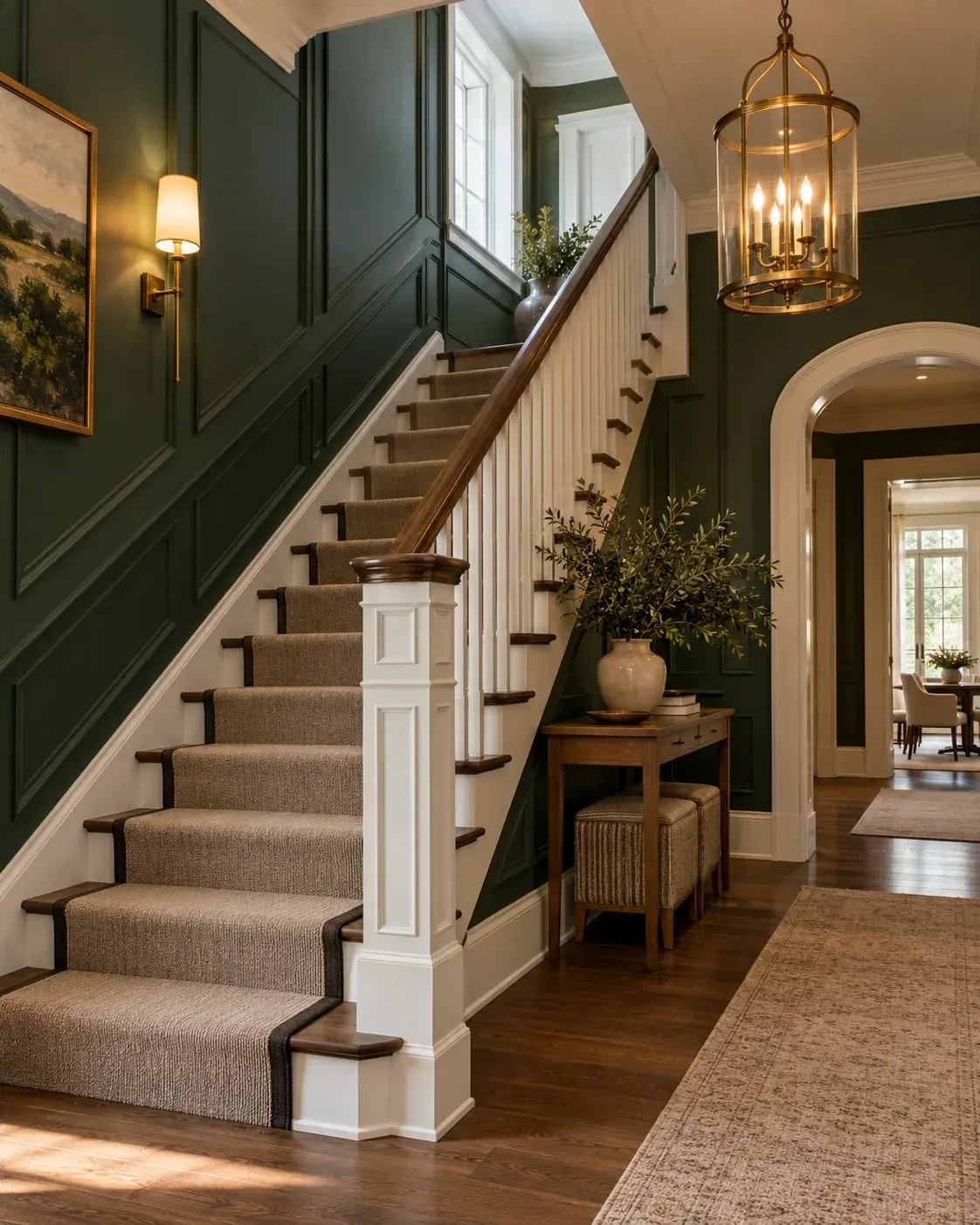Staircase wall with tall forest green wainscoting, white trim, a stair runner and a brass lantern