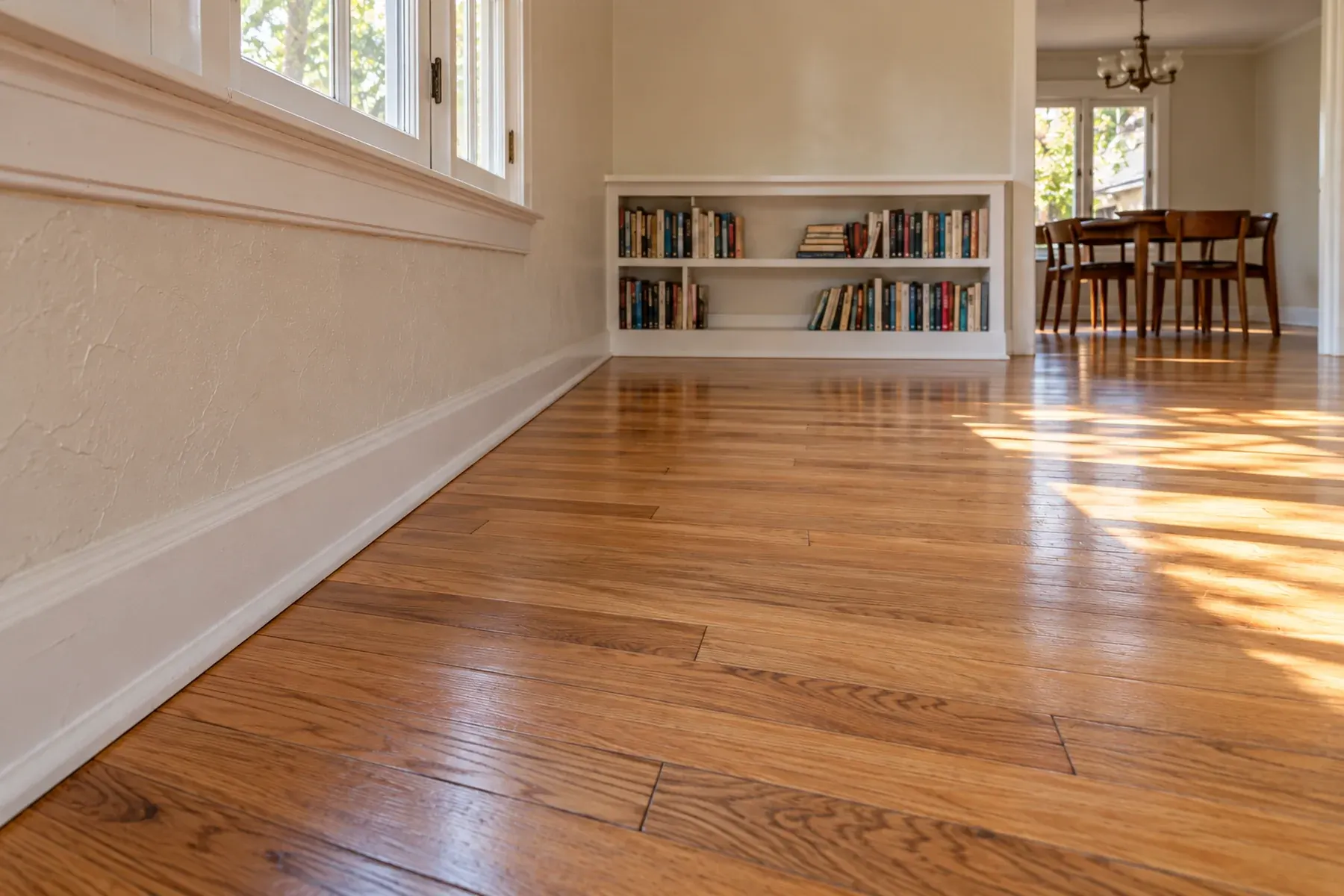 Close-up of oak hardwood boards meeting a white baseboard in a Long Beach home