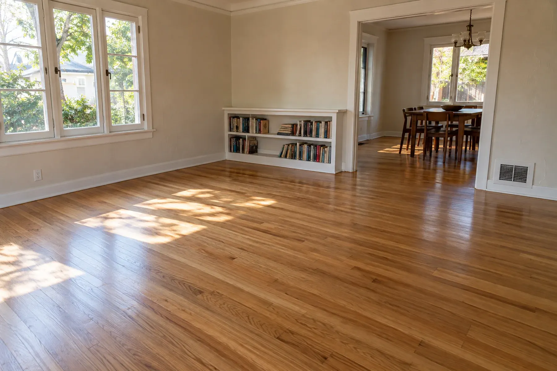 Oak hardwood floor in a Long Beach living room with a built-in bookshelf, large windows and a view into the dining room