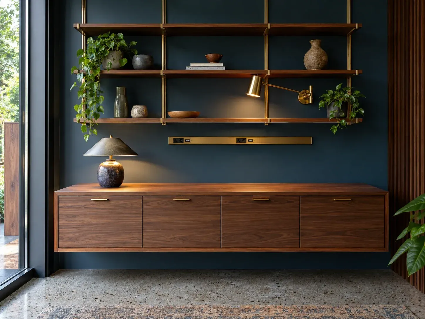 Floating walnut credenza under open shelving with a built-in power rail on a slate-blue wall