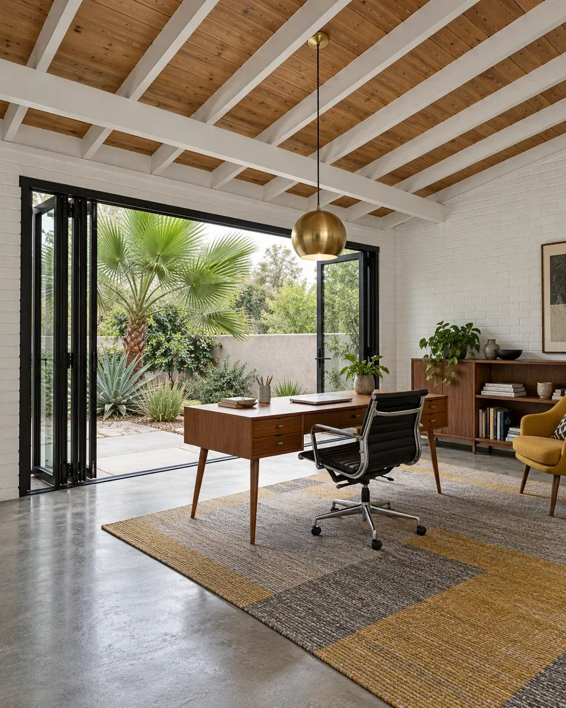 Converted garage office with a black-framed glass bi-fold door, white painted rafters and a teak desk
