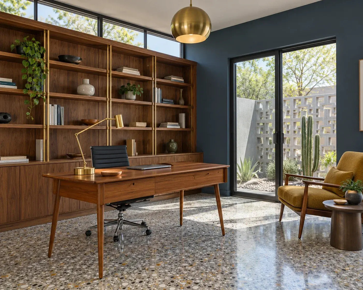 Home office with a teak desk, a walnut wall of shelving with brass rails, a slate-blue wall and an ochre lounge chair