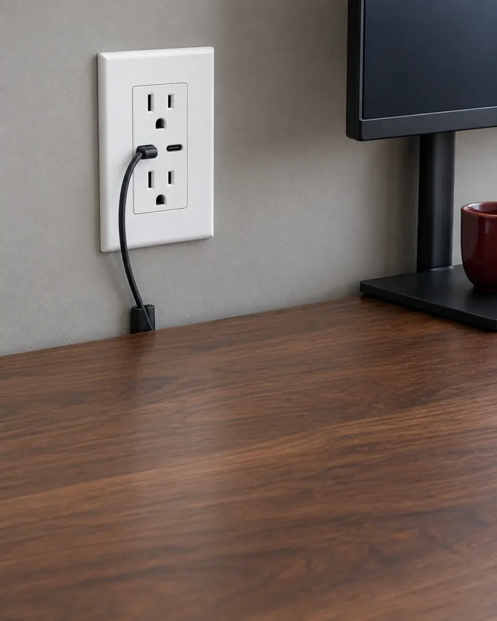 Home office outlet installation in Los Angeles, CA: wall outlet with USB charging and tidy cables at a desk