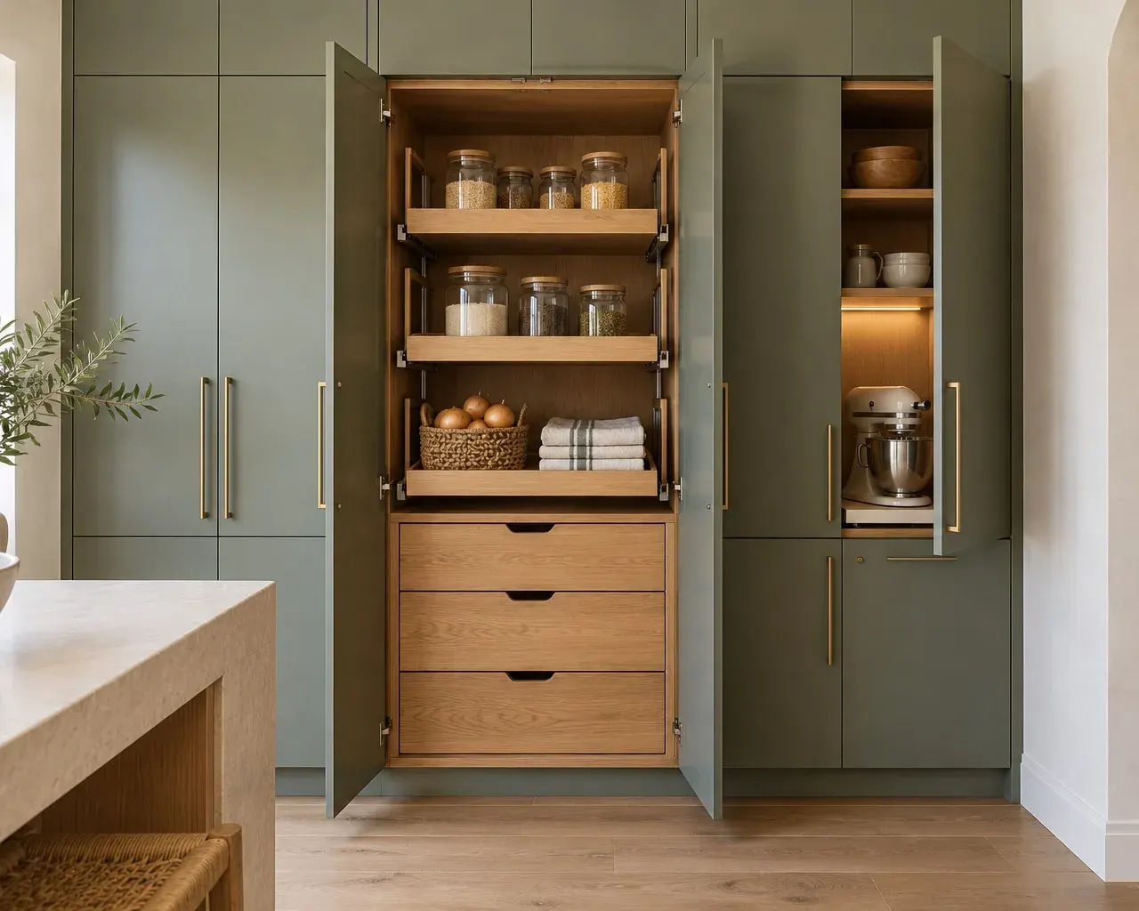 Kitchen pantry wall with sage cabinet doors, open pull-out shelves holding glass jars and a stack of oak drawers in a remodeled Southern California home