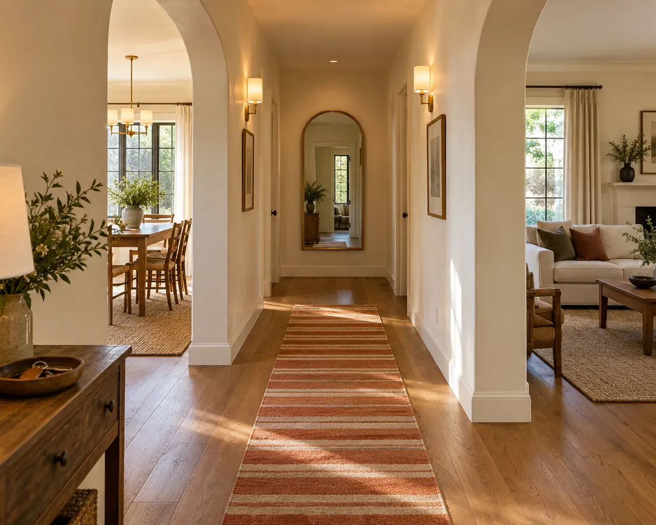 Plastered hallway with two arched openings, brass wall sconces and a terracotta-striped runner on oak floors, with a dining room and living room beyond