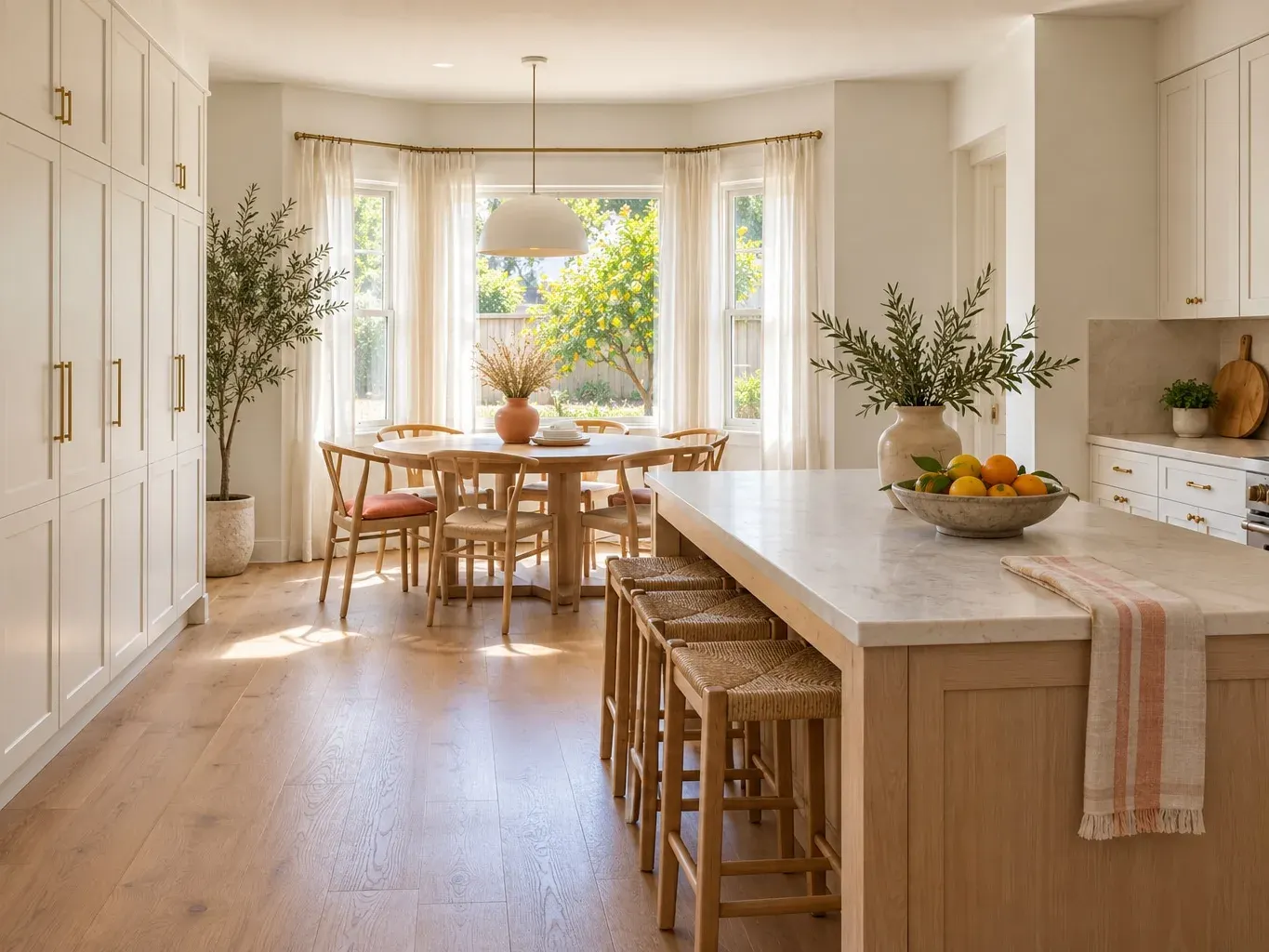 Remodeled family kitchen with a pantry wall, a white-oak island and a round dining table by a bay window in a Southern California home