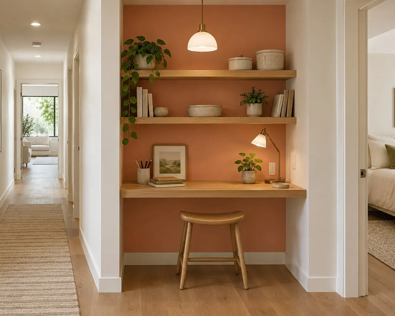 Hallway alcove with an oak desk shelf, open shelves and a brass pendant light in a remodeled Southern California home