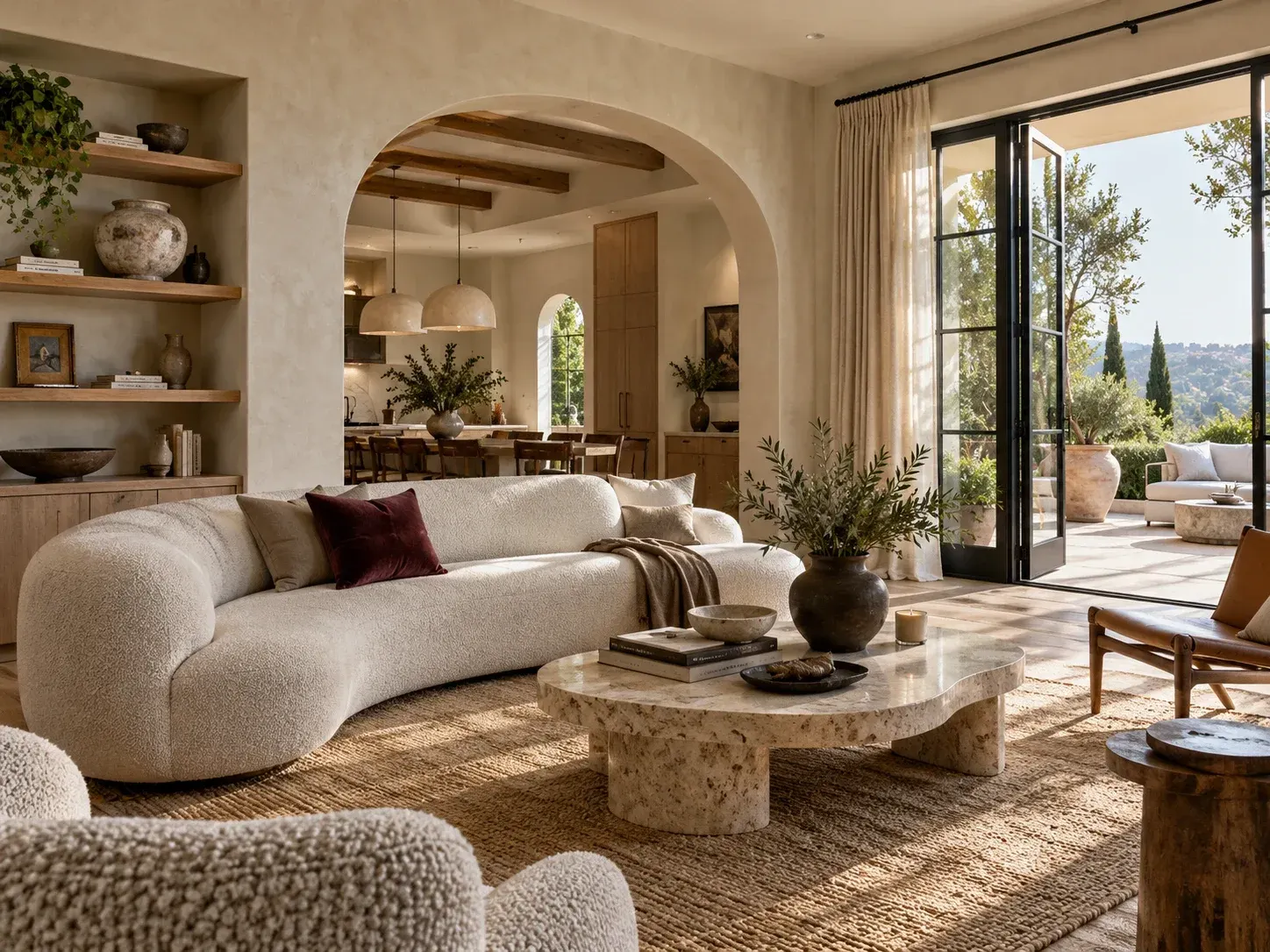 Open living area with a curved cream sofa, a stone coffee table and a plastered arch leading to the kitchen and dining space, with glass doors opening to a patio