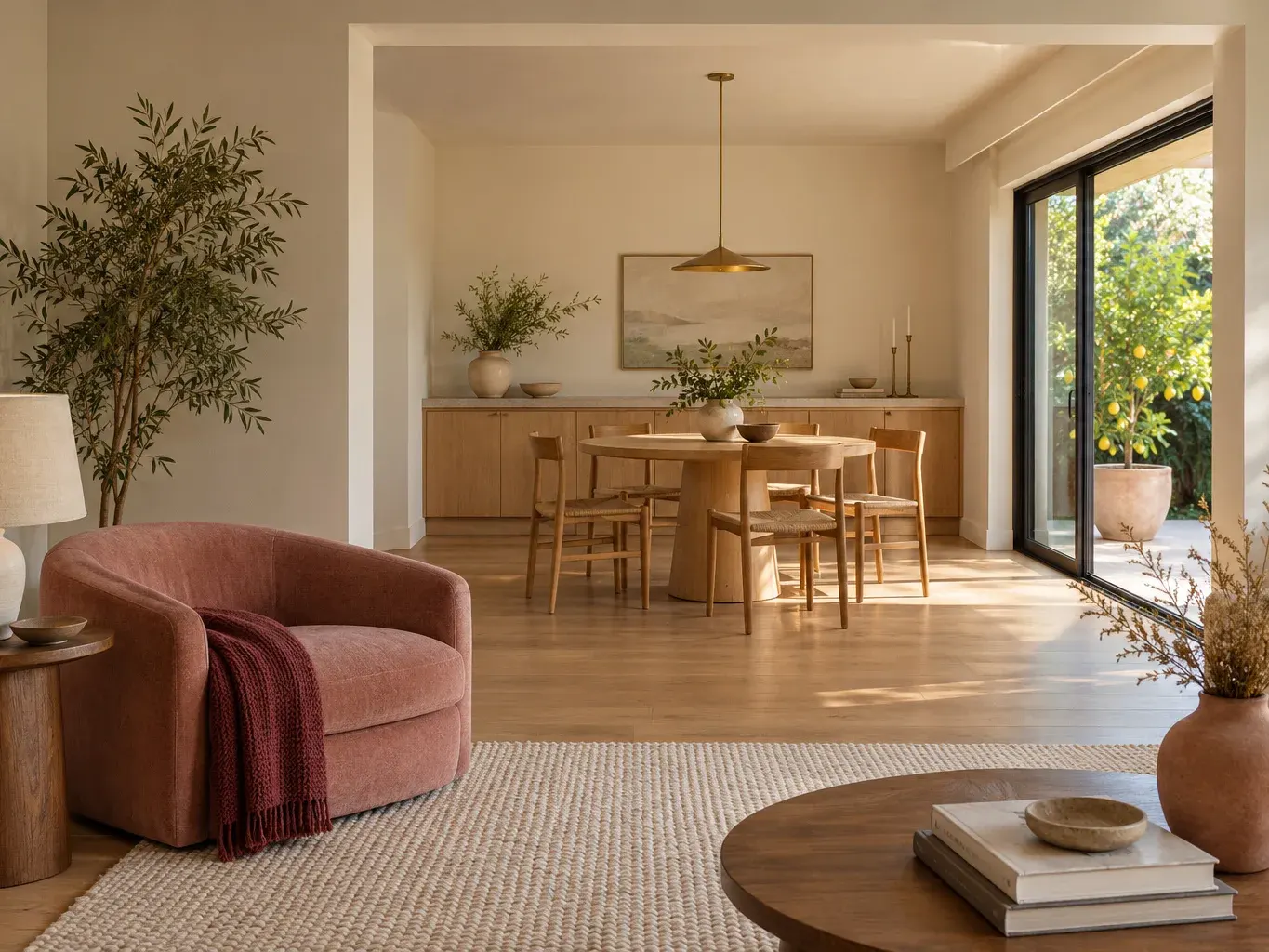 Remodeled dining area with a round oak table, a low oak sideboard, a blush armchair and sliding glass doors to the patio in a Southern California home