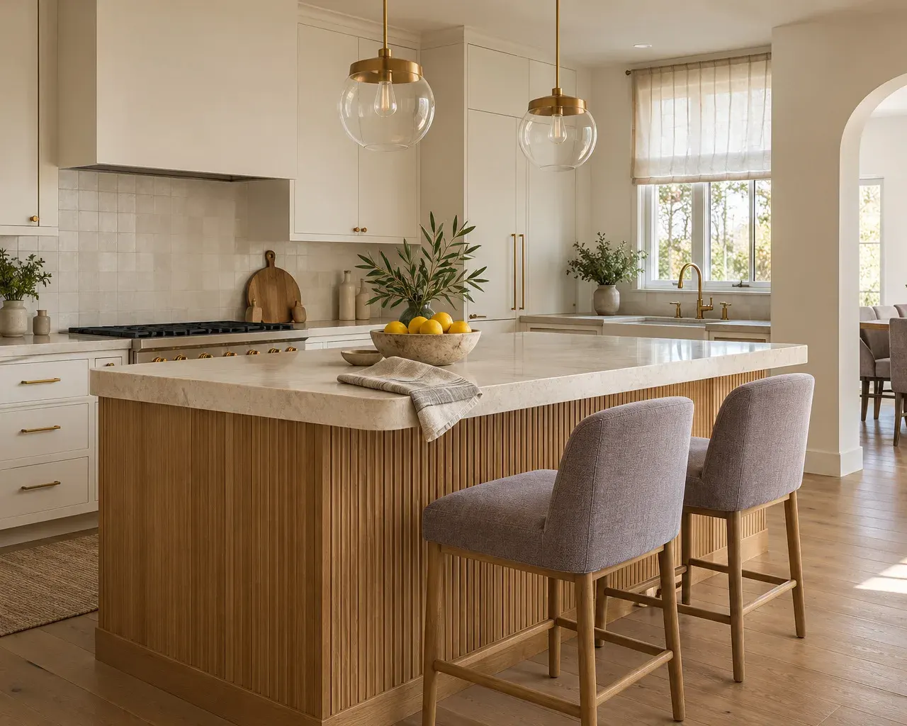 Kitchen island end with a thick honed-stone edge, two gray-lavender upholstered stools and glass pendant lights in a remodeled Southern California home
