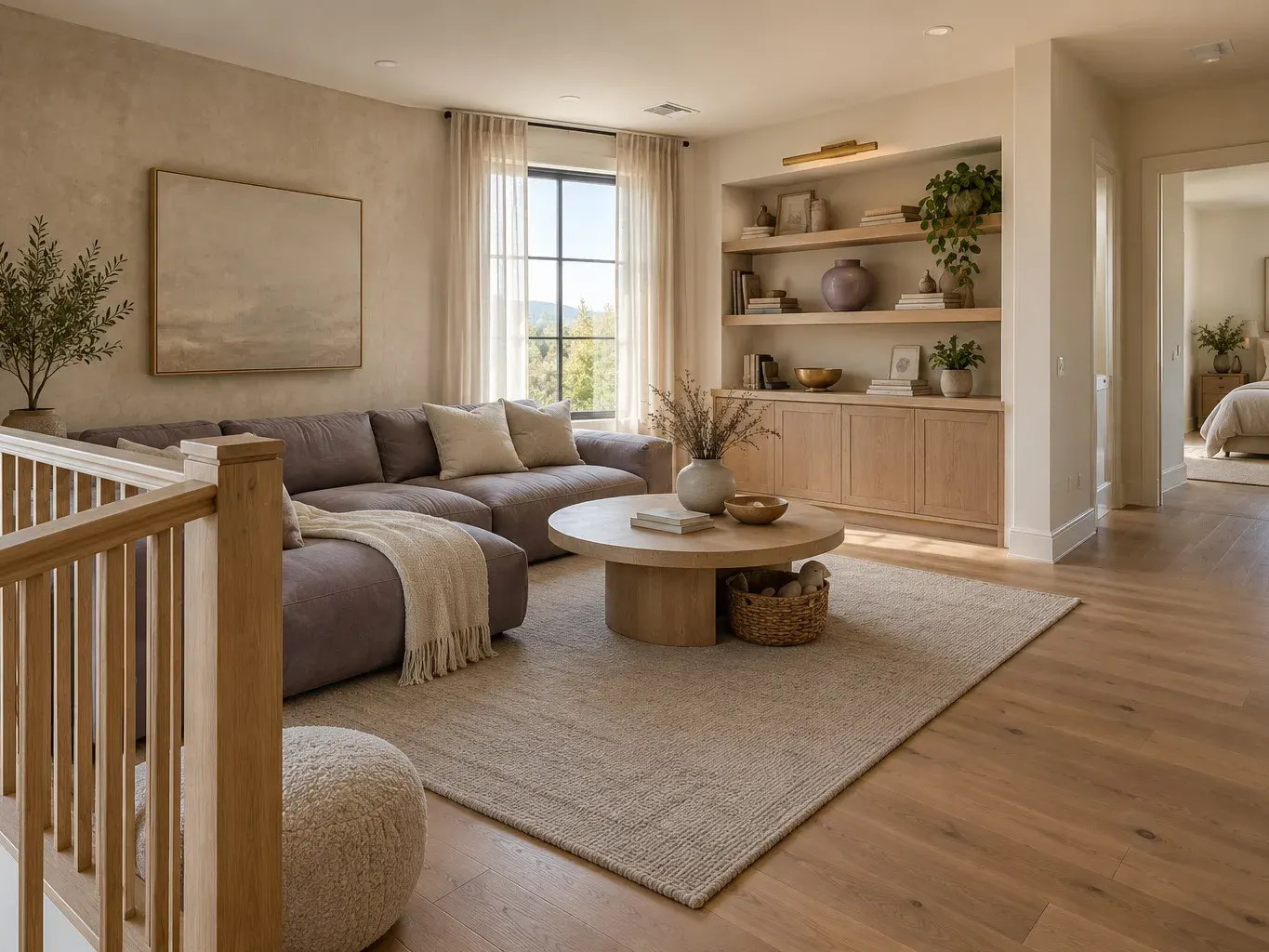 Family loft area beside a stair railing with a gray-lavender sofa, oak shelving, oak floors and a round oak coffee table in a remodeled Southern California home